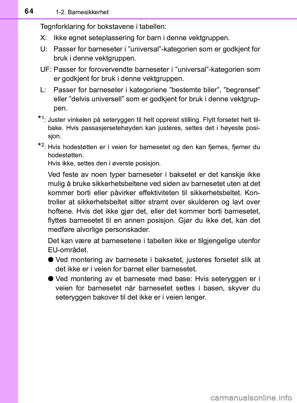 TOYOTA YARIS HATCHBACK 2018  Instruksjoner for bruk (in Norwegian) 641-2. Barnesikkerhet
YARIS_HV_OM_Europe_OM52C96NO
Tegnforklaring for bokstavene i tabellen:
X: Ikke egnet seteplassering for barn i denne vektgruppen.
U: Passer for barneseter i ”universal”-kateg