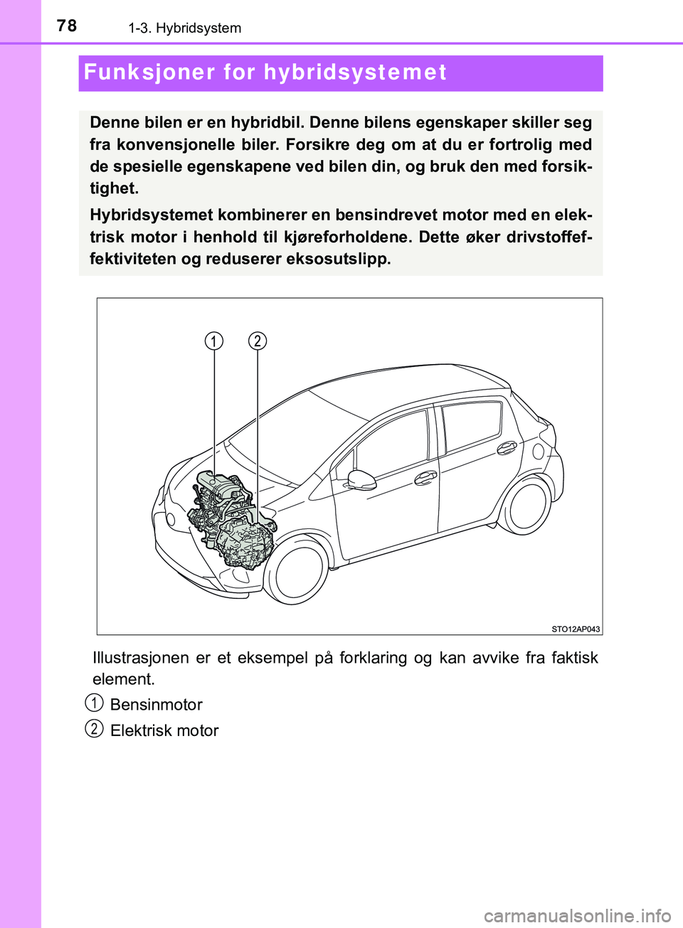 TOYOTA YARIS HATCHBACK 2018 Instruksjoner for bruk (in Norwegian) 781-3. Hybridsystem
YARIS_HV_OM_Europe_OM52C96NO
Funksjoner for hybridsystemet
Illustrasjonen er et eksempel på forklaring og kan avvike fra faktisk
element.
Bensinmotor
Elektrisk motor
Denne bilen e TOYOTA YARIS HATCHBACK 2018 Instruksjoner for bruk (in Norwegian) 781-3. Hybridsystem
YARIS_HV_OM_Europe_OM52C96NO
Funksjoner for hybridsystemet
Illustrasjonen er et eksempel på forklaring og kan avvike fra faktisk
element.
Bensinmotor
Elektrisk motor
Denne bilen e
