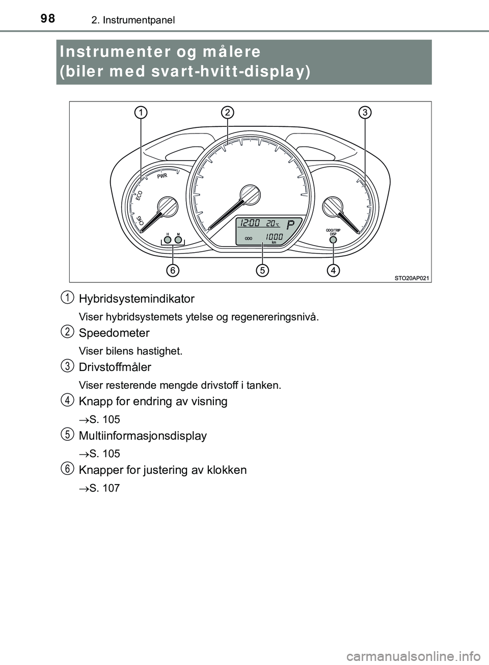TOYOTA YARIS HATCHBACK 2018  Instruksjoner for bruk (in Norwegian) 982. Instrumentpanel
YARIS_HV_OM_Europe_OM52C96NO
Instrumenter og målere 
(biler med svart-hvitt-display)
Hybridsystemindikator
Viser hybridsystemets ytelse og regenereringsnivå.
Speedometer
Viser b TOYOTA YARIS HATCHBACK 2018  Instruksjoner for bruk (in Norwegian) 982. Instrumentpanel
YARIS_HV_OM_Europe_OM52C96NO
Instrumenter og målere 
(biler med svart-hvitt-display)
Hybridsystemindikator
Viser hybridsystemets ytelse og regenereringsnivå.
Speedometer
Viser b