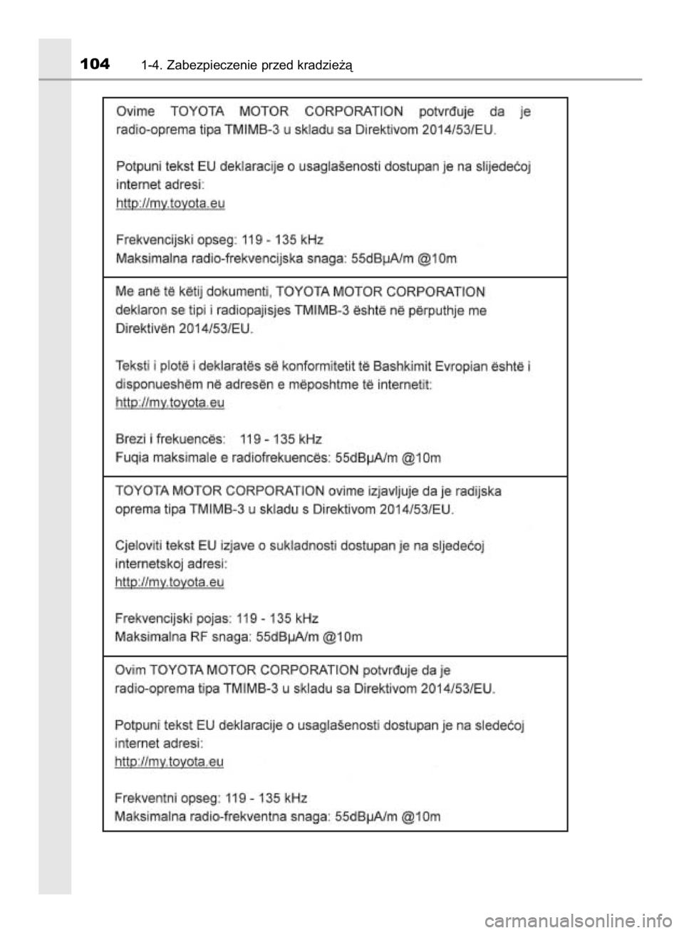 TOYOTA YARIS HATCHBACK 2018 Instrukcja obsługi (in Polish) 1041-4. Zabezpieczenie przed kradzie˝à
15 YARIS HV OM52C96E 4/9/18 11:48 AM Page 104 (Black plate) TOYOTA YARIS HATCHBACK 2018 Instrukcja obsługi (in Polish) 1041-4. Zabezpieczenie przed kradzie˝à
15 YARIS HV OM52C96E 4/9/18 11:48 AM Page 104 (Black plate)