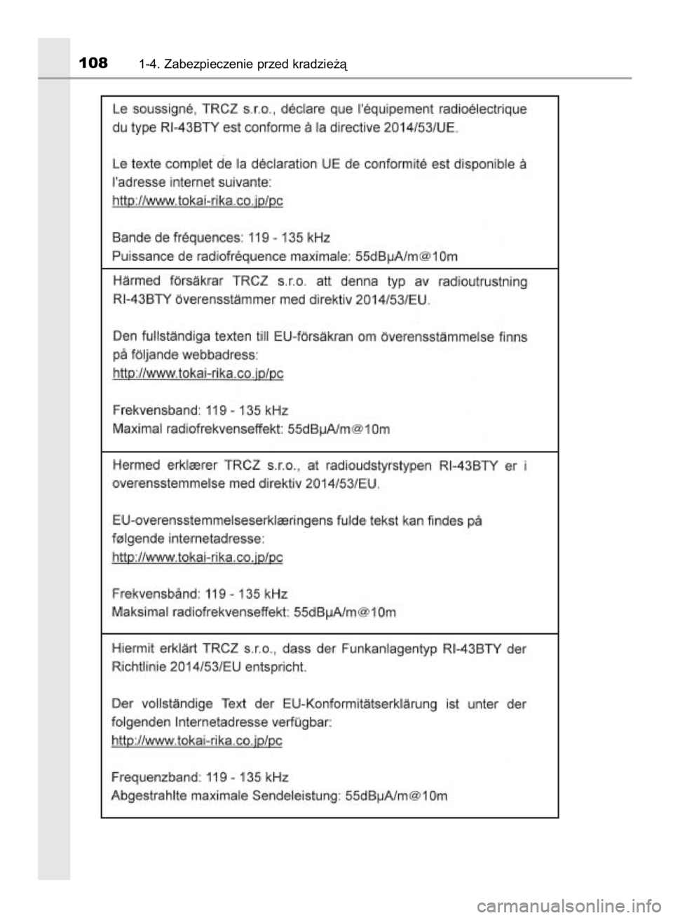 TOYOTA YARIS HATCHBACK 2018 Instrukcja obsługi (in Polish) 1081-4. Zabezpieczenie przed kradzie˝à
15 YARIS HV OM52C96E 4/9/18 11:48 AM Page 108 (Black plate) TOYOTA YARIS HATCHBACK 2018 Instrukcja obsługi (in Polish) 1081-4. Zabezpieczenie przed kradzie˝à
15 YARIS HV OM52C96E 4/9/18 11:48 AM Page 108 (Black plate)