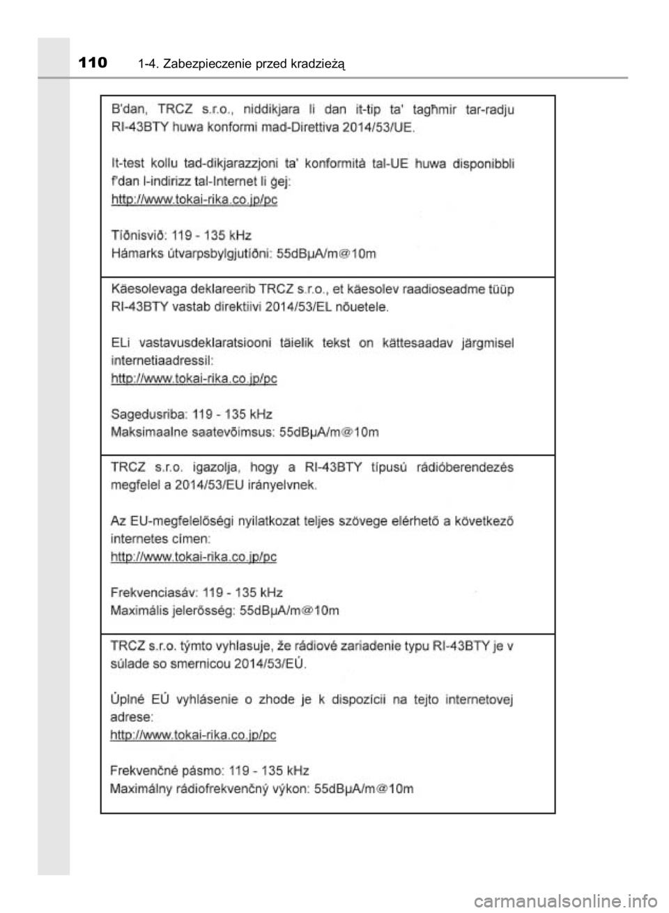 TOYOTA YARIS HATCHBACK 2018 Instrukcja obsługi (in Polish) 1101-4. Zabezpieczenie przed kradzie˝à
15 YARIS HV OM52C96E 4/9/18 11:48 AM Page 110 (Black plate) TOYOTA YARIS HATCHBACK 2018 Instrukcja obsługi (in Polish) 1101-4. Zabezpieczenie przed kradzie˝à
15 YARIS HV OM52C96E 4/9/18 11:48 AM Page 110 (Black plate)