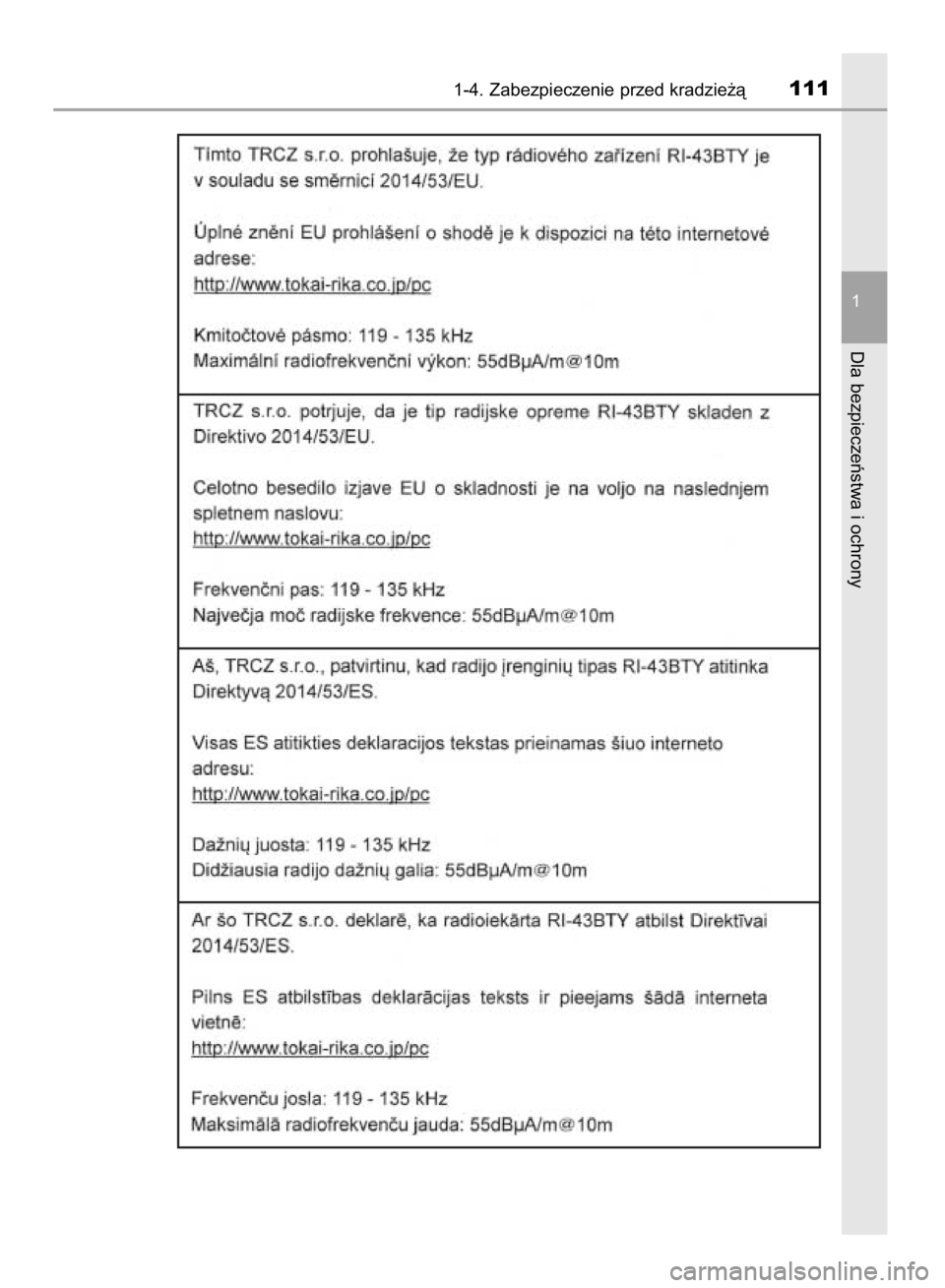 TOYOTA YARIS HATCHBACK 2018  Instrukcja obsługi (in Polish) 1-4. Zabezpieczenie przed kradzie˝à111
1
Dla bezpieczeƒstwa i ochrony
15 YARIS HV OM52C96E  4/9/18  11:48 AM  Page 111    (Black plate) 