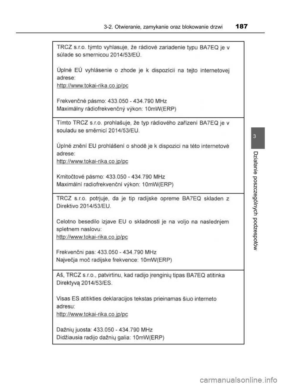 TOYOTA YARIS HATCHBACK 2018  Instrukcja obsługi (in Polish) 3-2. Otwieranie, zamykanie oraz blokowanie drzwi187
3
Dzia∏anie poszczególnych podzespo∏ów
15 YARIS HV OM52C96E  4/9/18  11:48 AM  Page 187    (Black plate) 