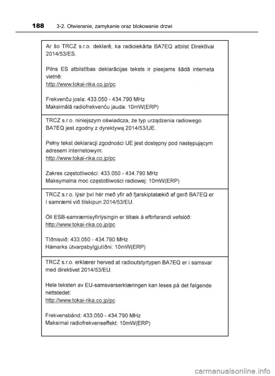 TOYOTA YARIS HATCHBACK 2018  Instrukcja obsługi (in Polish) 1883-2. Otwieranie, zamykanie oraz blokowanie drzwi
15 YARIS HV OM52C96E  4/9/18  11:48 AM  Page 188    (Black plate) 