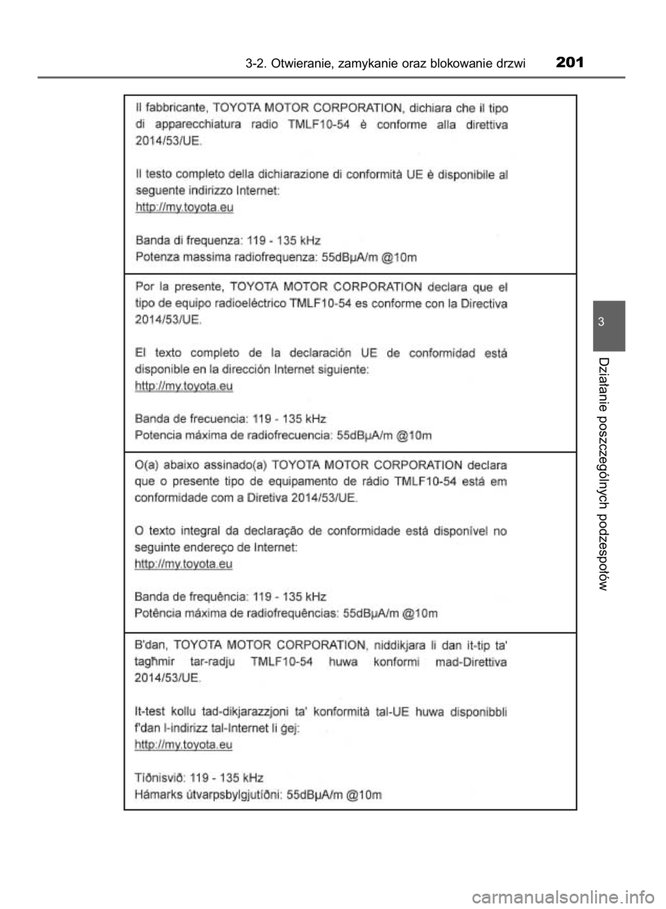 TOYOTA YARIS HATCHBACK 2018  Instrukcja obsługi (in Polish) 3-2. Otwieranie, zamykanie oraz blokowanie drzwi201
3
Dzia∏anie poszczególnych podzespo∏ów
15 YARIS HV OM52C96E  4/9/18  11:48 AM  Page 201    (Black plate) 