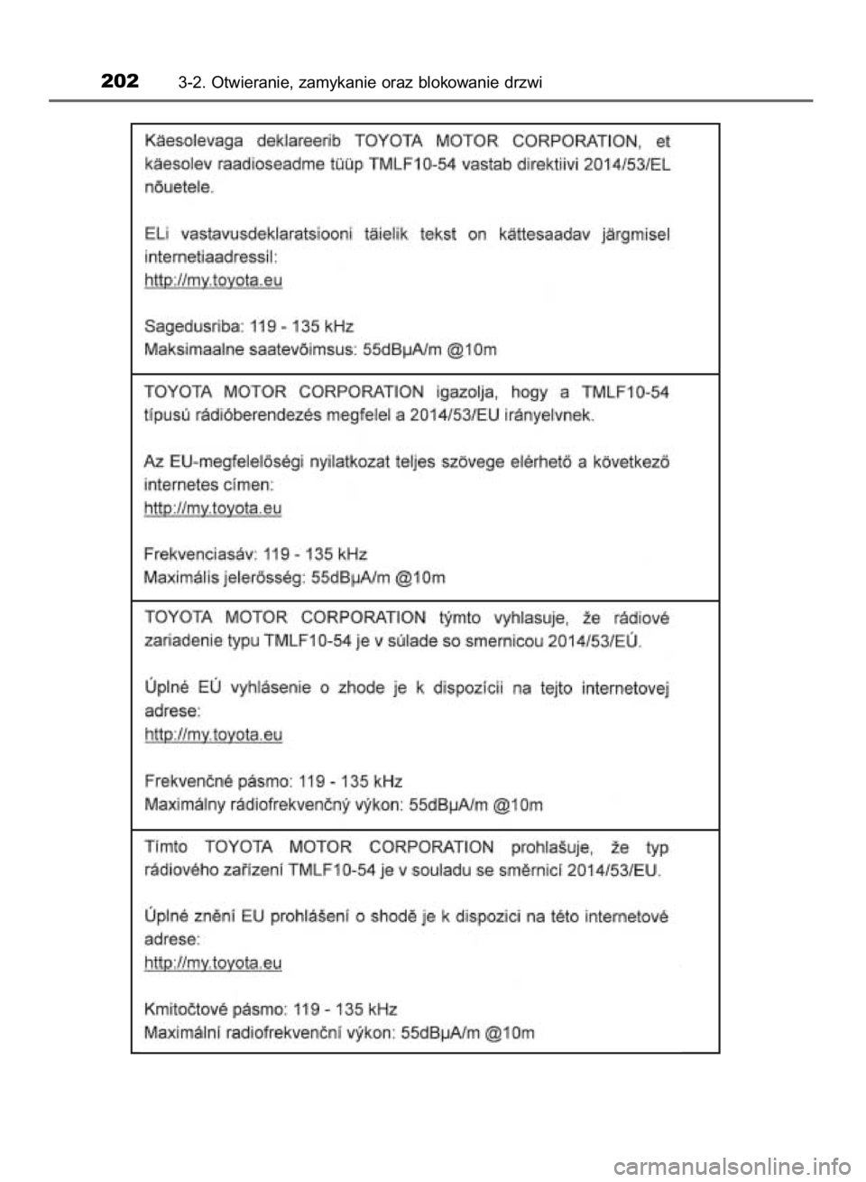 TOYOTA YARIS HATCHBACK 2018  Instrukcja obsługi (in Polish) 2023-2. Otwieranie, zamykanie oraz blokowanie drzwi
15 YARIS HV OM52C96E  4/9/18  11:48 AM  Page 202    (Black plate) 