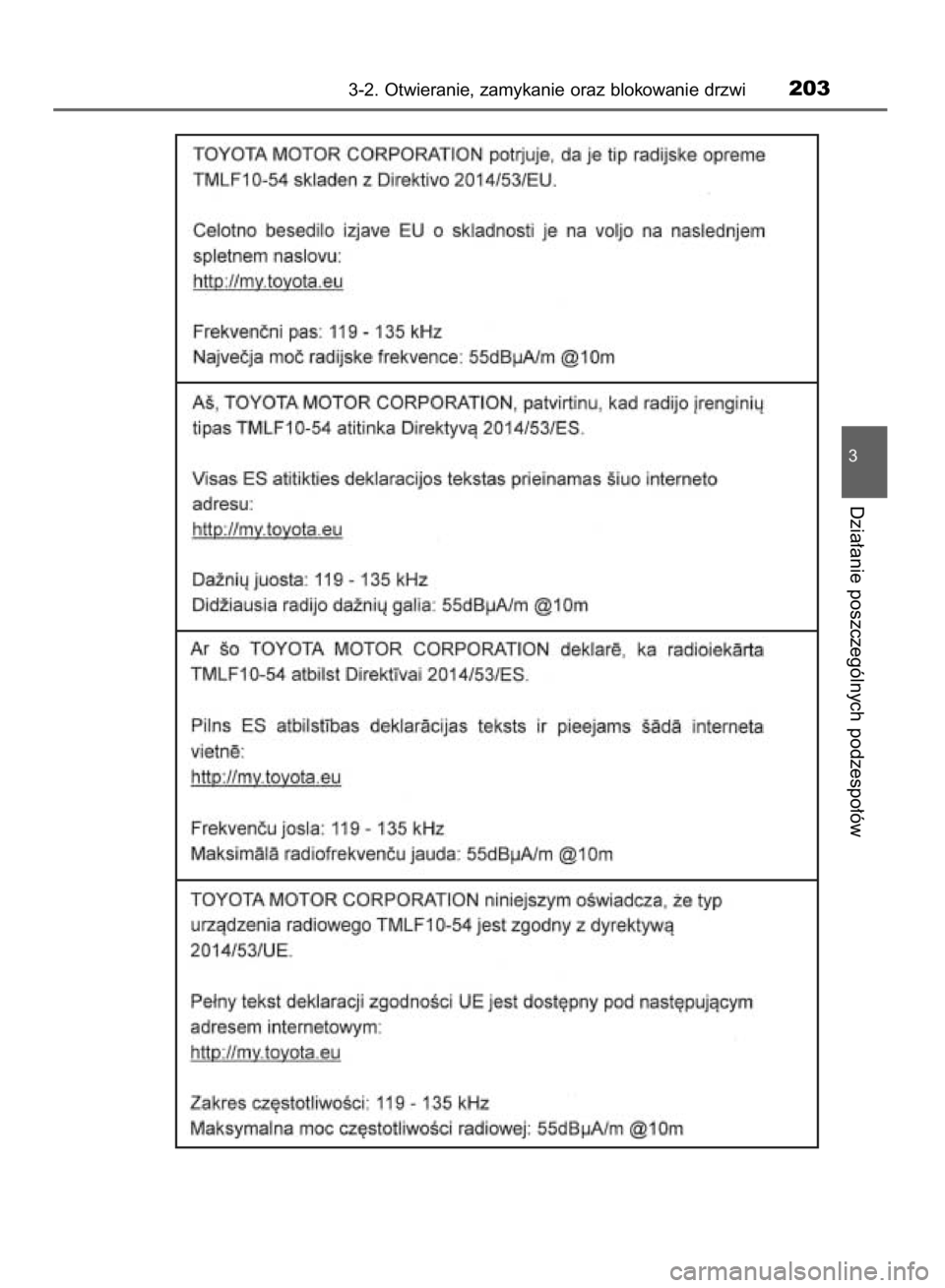 TOYOTA YARIS HATCHBACK 2018  Instrukcja obsługi (in Polish) 3-2. Otwieranie, zamykanie oraz blokowanie drzwi203
3
Dzia∏anie poszczególnych podzespo∏ów
15 YARIS HV OM52C96E  4/9/18  11:48 AM  Page 203    (Black plate) 