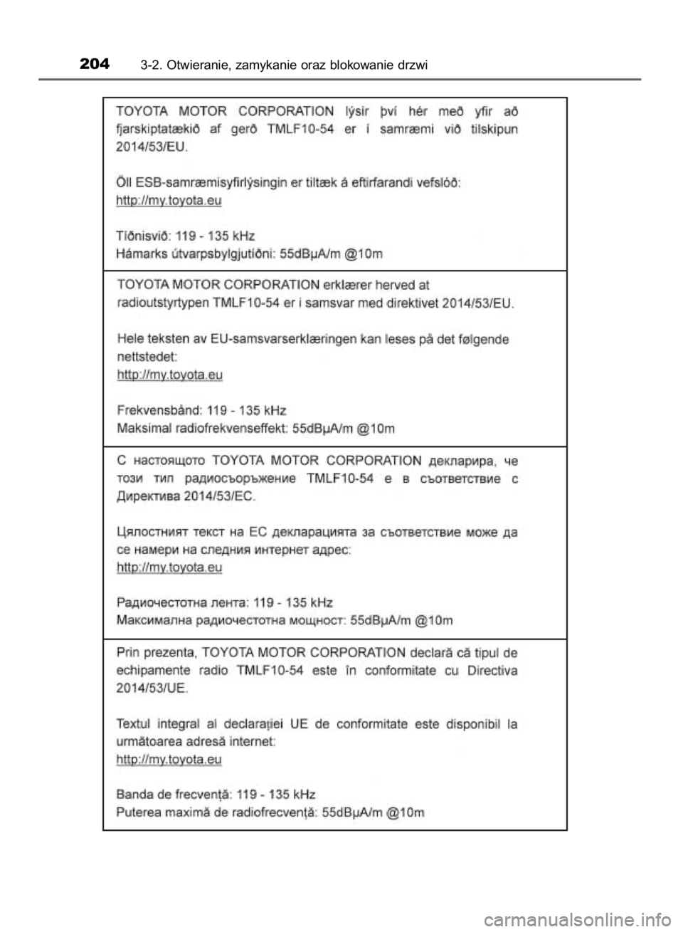 TOYOTA YARIS HATCHBACK 2018  Instrukcja obsługi (in Polish) 2043-2. Otwieranie, zamykanie oraz blokowanie drzwi
15 YARIS HV OM52C96E  4/9/18  11:48 AM  Page 204    (Black plate) 