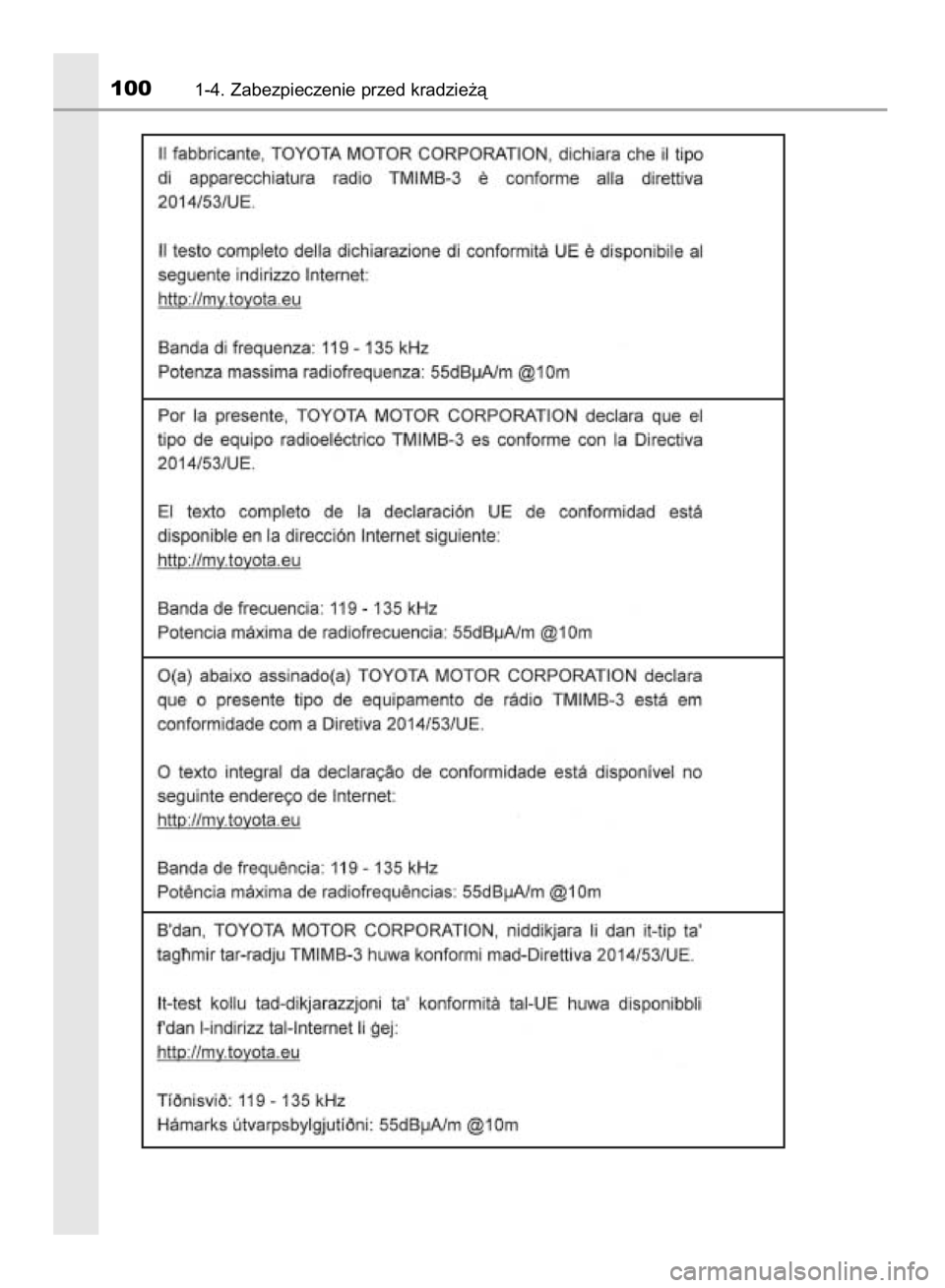 TOYOTA YARIS HATCHBACK 2018  Instrukcja obsługi (in Polish) 1001-4. Zabezpieczenie przed kradzie˝à
15 YARIS HV OM52C96E  4/9/18  11:48 AM  Page 100    (Black plate) 