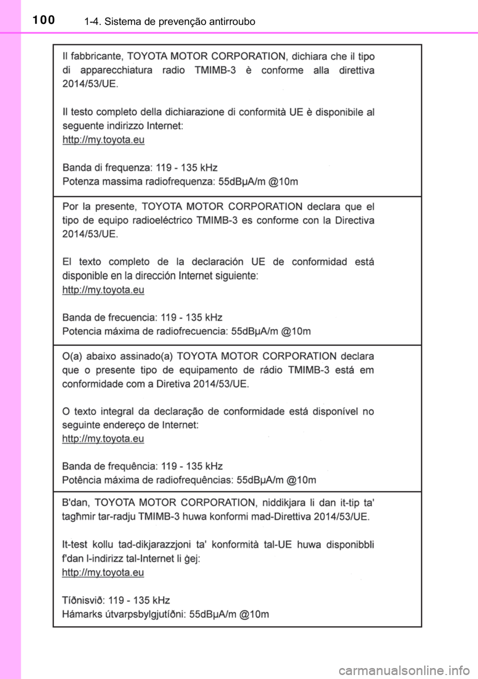 TOYOTA YARIS HATCHBACK 2018  Manual de utilização (in Portuguese) 100������6�L�V�W�H�P�D��G�H��S�U�H�Y�H�Q�o�m�R��D�Q�W�L�U�U�R�X�E�R 