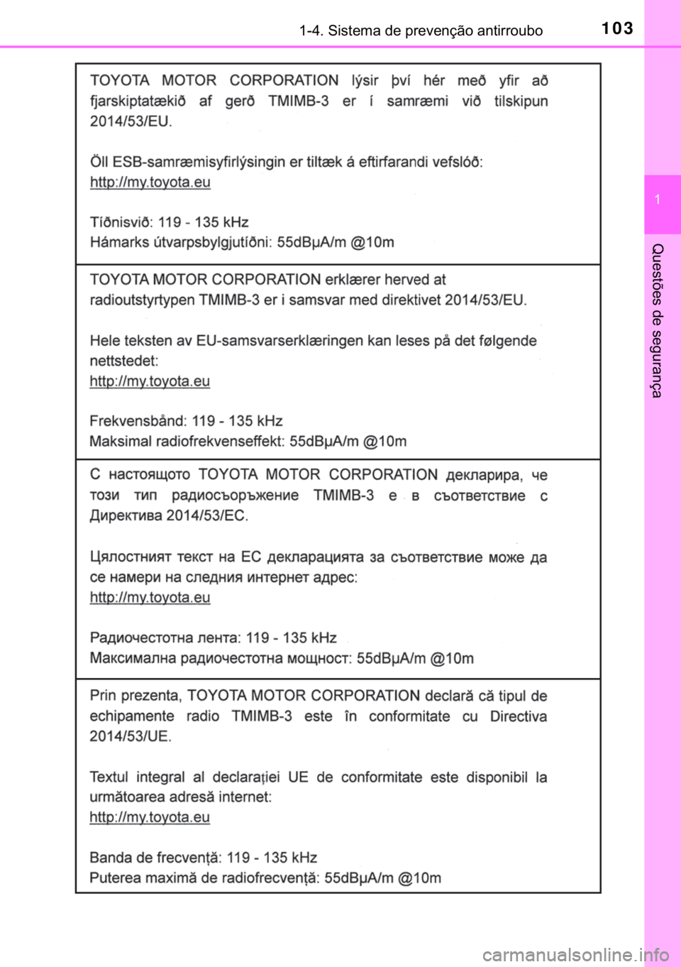 TOYOTA YARIS HATCHBACK 2018  Manual de utilização (in Portuguese) 103������6�L�V�W�H�P�D��G�H��S�U�H�Y�H�Q�o�m�R��D�Q�W�L�U�U�R�X�E�R
�
�4�X�H�V�W�}�H�V��G�H��V�H�J�X�U�D�Q�o�D 