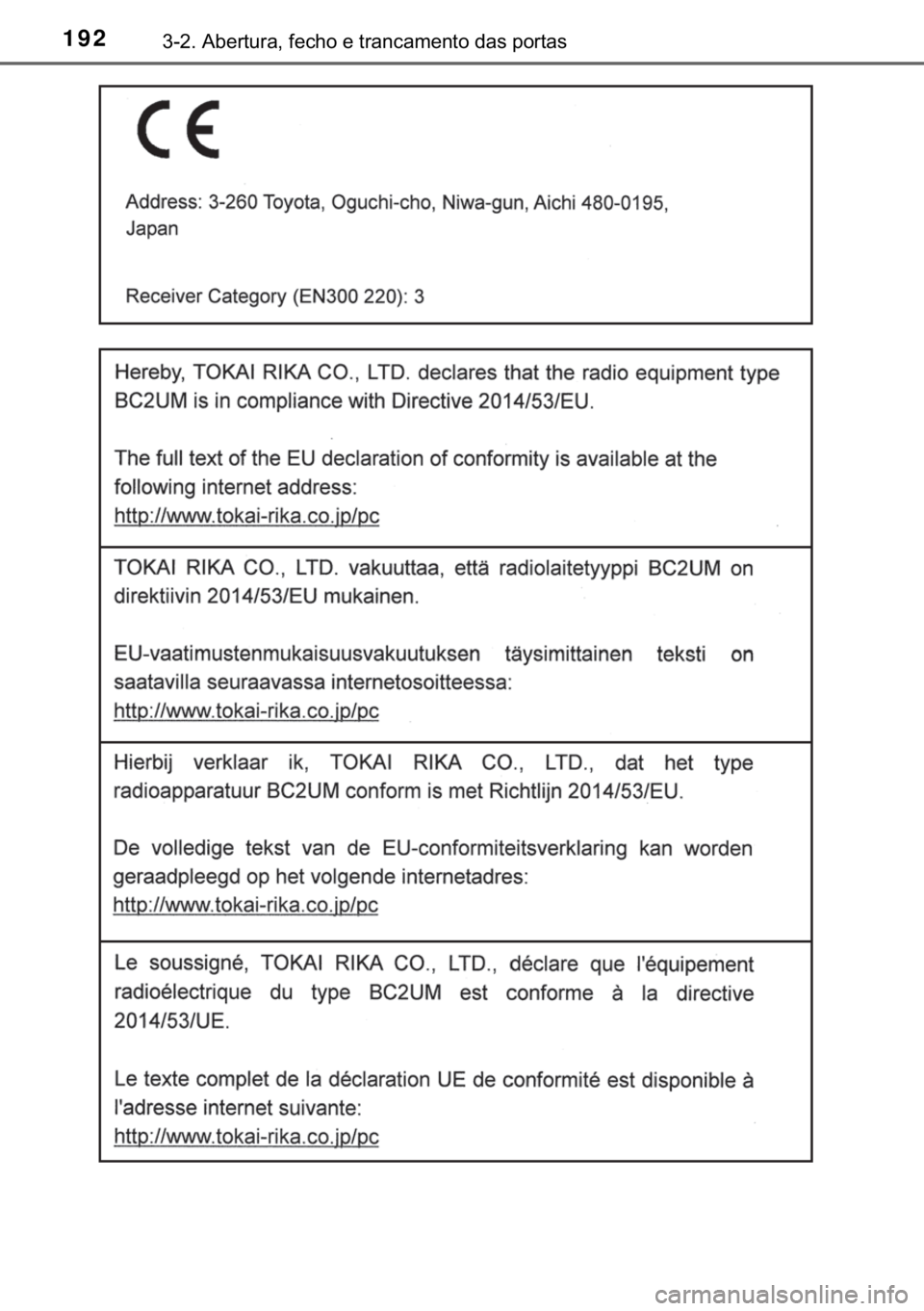 TOYOTA YARIS HATCHBACK 2018  Manual de utilização (in Portuguese) 192������$�E�H�U�W�X�U�D���I�H�F�K�R��H��W�U�D�Q�F�D�P�H�Q�W�R��G�D�V��S�R�U�W�D�V 