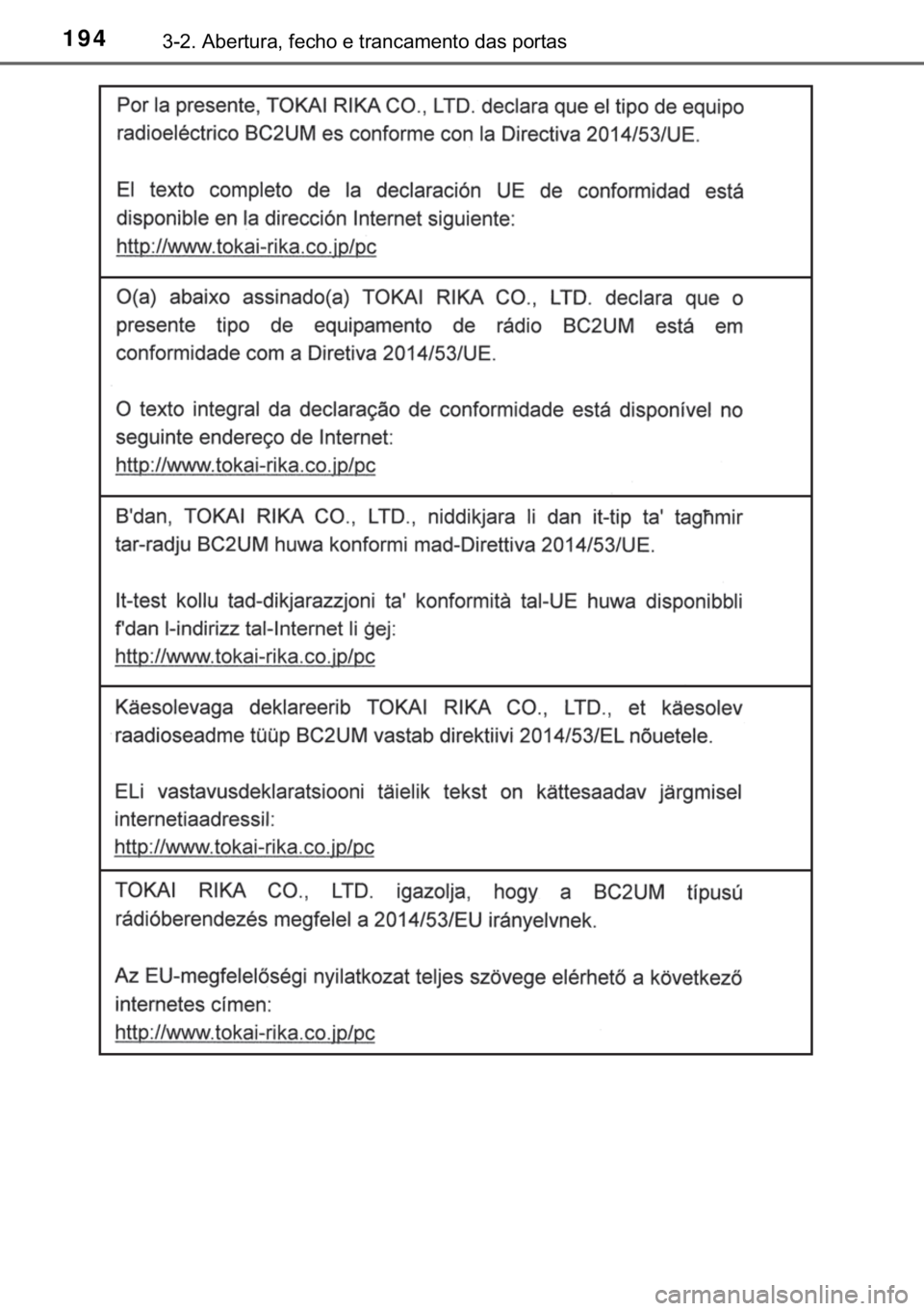 TOYOTA YARIS HATCHBACK 2018  Manual de utilização (in Portuguese) 194������$�E�H�U�W�X�U�D���I�H�F�K�R��H��W�U�D�Q�F�D�P�H�Q�W�R��G�D�V��S�R�U�W�D�V 