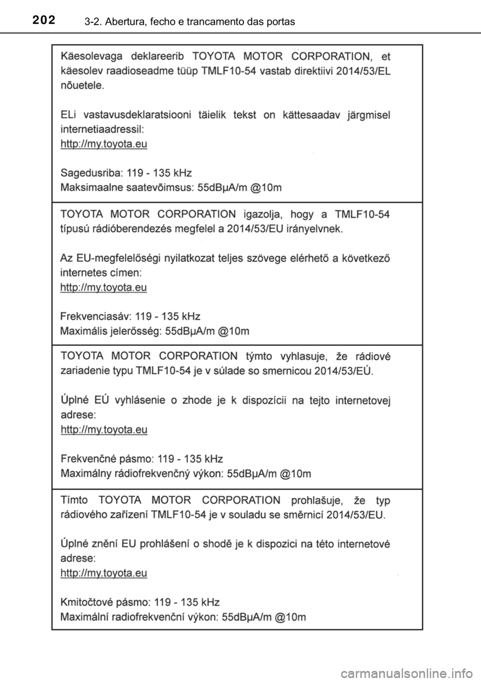 TOYOTA YARIS HATCHBACK 2018  Manual de utilização (in Portuguese) 202������$�E�H�U�W�X�U�D���I�H�F�K�R��H��W�U�D�Q�F�D�P�H�Q�W�R��G�D�V��S�R�U�W�D�V 