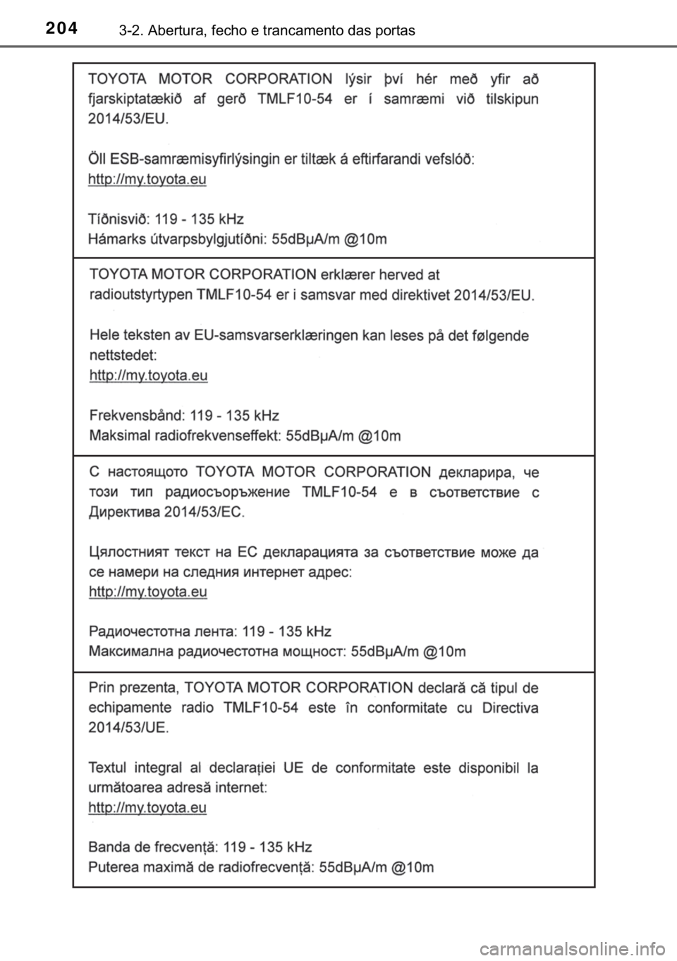 TOYOTA YARIS HATCHBACK 2018  Manual de utilização (in Portuguese) 204������$�E�H�U�W�X�U�D���I�H�F�K�R��H��W�U�D�Q�F�D�P�H�Q�W�R��G�D�V��S�R�U�W�D�V 