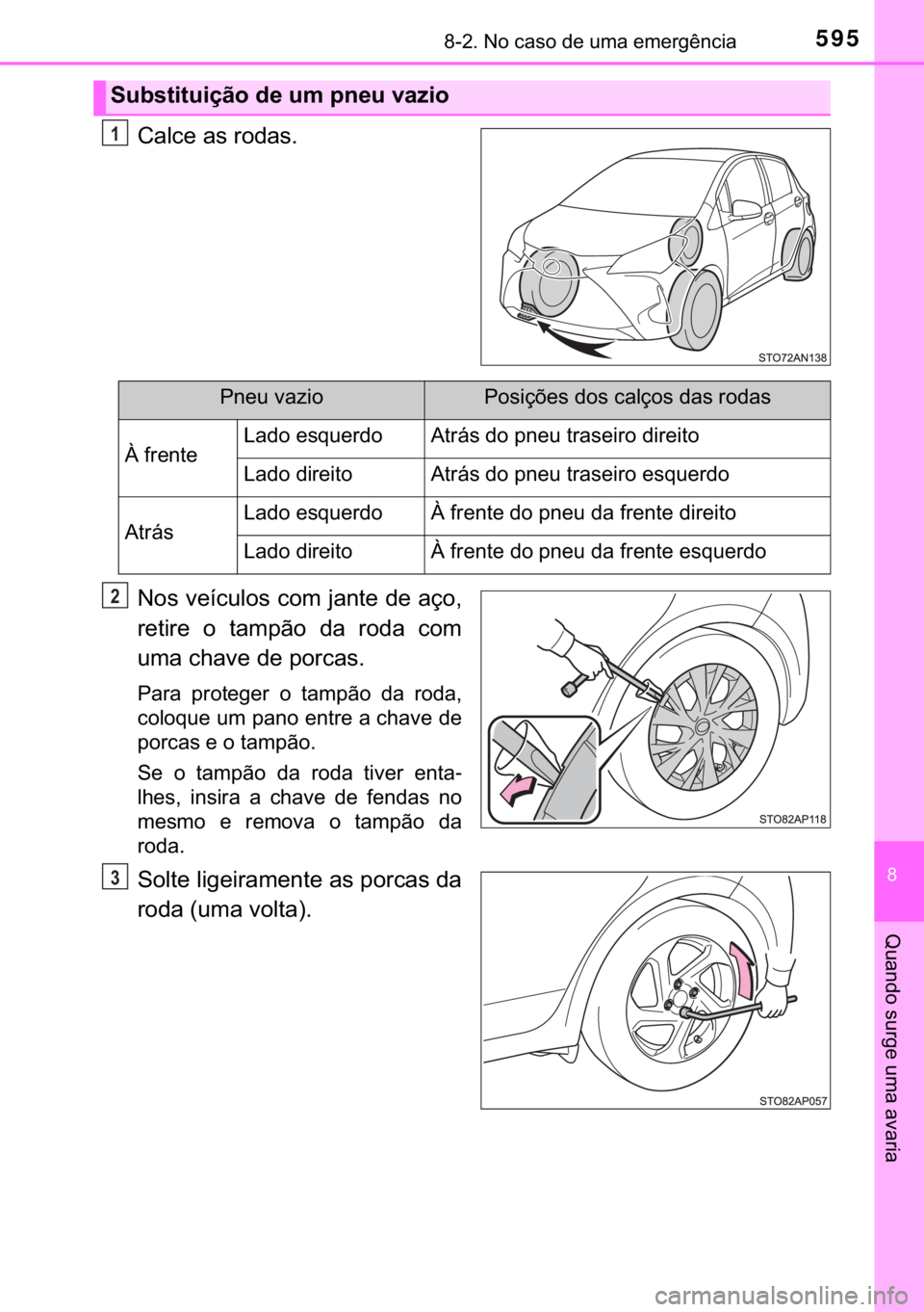 TOYOTA YARIS HATCHBACK 2018  Manual de utilização (in Portuguese) 595������1�R��F�D�V�R��G�H��X�P�D��H�P�H�U�J�r�Q�F�L�D
�
�4�X�D�Q�G�R��V�X�U�J�H��X�P�D��D�Y�D�U�L�D
�&�D�O�F�H��D�V��U�R�G�D�V�
�1�R�V��Y�H�t�F�X�O�R�V��F�R�P��M�D�Q�W�H��G�H��D�