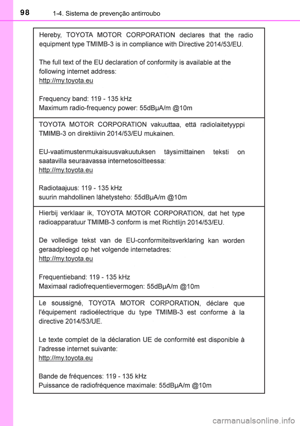 TOYOTA YARIS HATCHBACK 2018  Manual de utilização (in Portuguese) 98������6�L�V�W�H�P�D��G�H��S�U�H�Y�H�Q�o�m�R��D�Q�W�L�U�U�R�X�E�R 