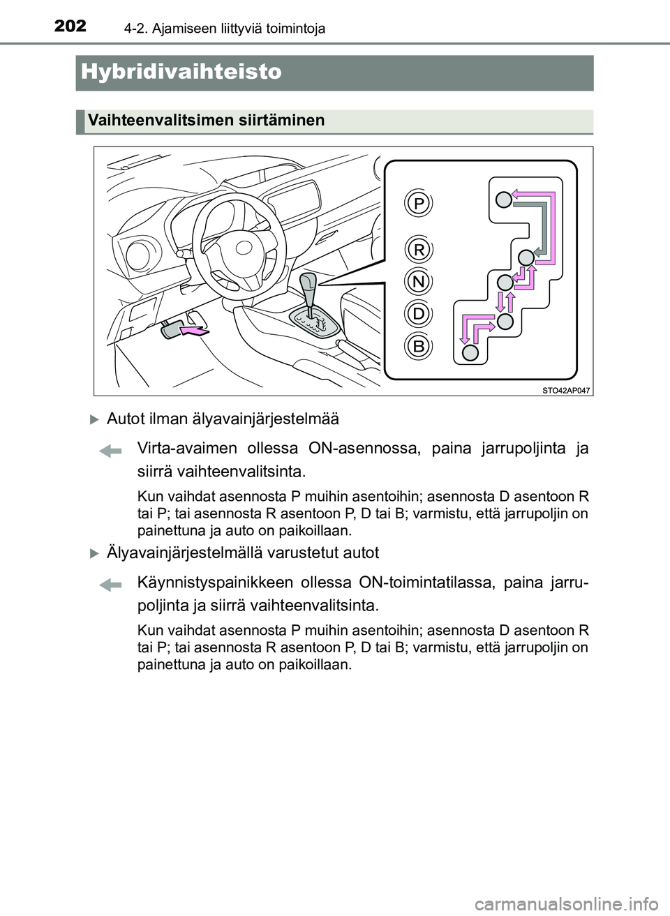 TOYOTA YARIS HATCHBACK 2018 Omistajan Käsikirja (in Finnish) 2024-2. Ajamiseen liittyviä toimintoja
YARIS_HV_OM_Europe_OM52C96FI
Hybridivaihteisto
Autot ilman älyavainjärjestelmääVirta-avaimen ollessa ON-asennossa, paina jarrupoljinta ja
siirrä vaihtee TOYOTA YARIS HATCHBACK 2018 Omistajan Käsikirja (in Finnish) 2024-2. Ajamiseen liittyviä toimintoja
YARIS_HV_OM_Europe_OM52C96FI
Hybridivaihteisto
Autot ilman älyavainjärjestelmääVirta-avaimen ollessa ON-asennossa, paina jarrupoljinta ja
siirrä vaihtee
