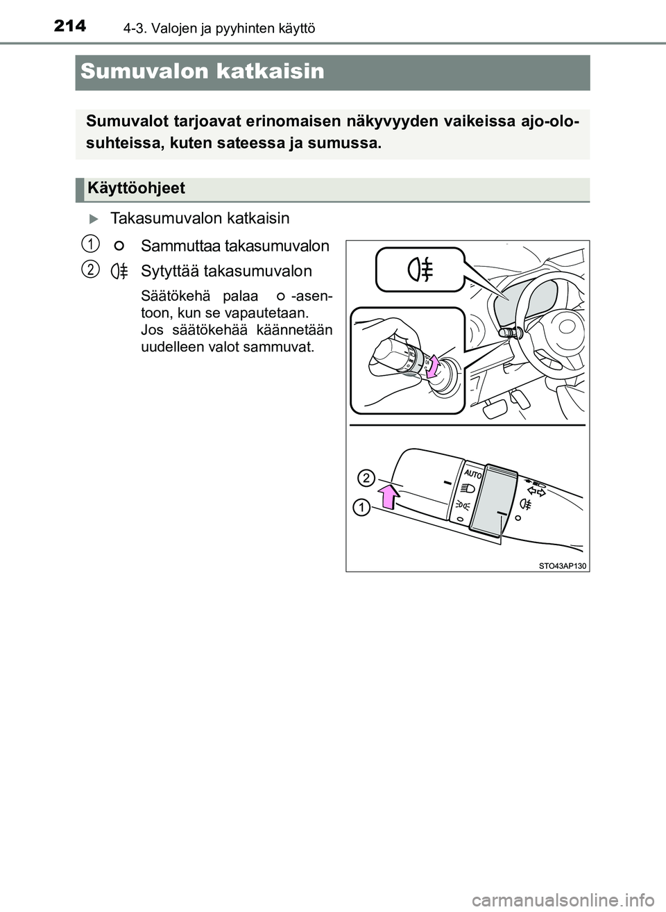 TOYOTA YARIS HATCHBACK 2018 Omistajan Käsikirja (in Finnish) 2144-3. Valojen ja pyyhinten käyttö
YARIS_HV_OM_Europe_OM52C96FI
Sumuvalon katkaisin
Takasumuvalon katkaisinSammuttaa takasumuvalon
Sytyttää takasumuvalon
Säätökehä palaa -asen-
toon, kun TOYOTA YARIS HATCHBACK 2018 Omistajan Käsikirja (in Finnish) 2144-3. Valojen ja pyyhinten käyttö
YARIS_HV_OM_Europe_OM52C96FI
Sumuvalon katkaisin
Takasumuvalon katkaisinSammuttaa takasumuvalon
Sytyttää takasumuvalon
Säätökehä palaa -asen-
toon, kun