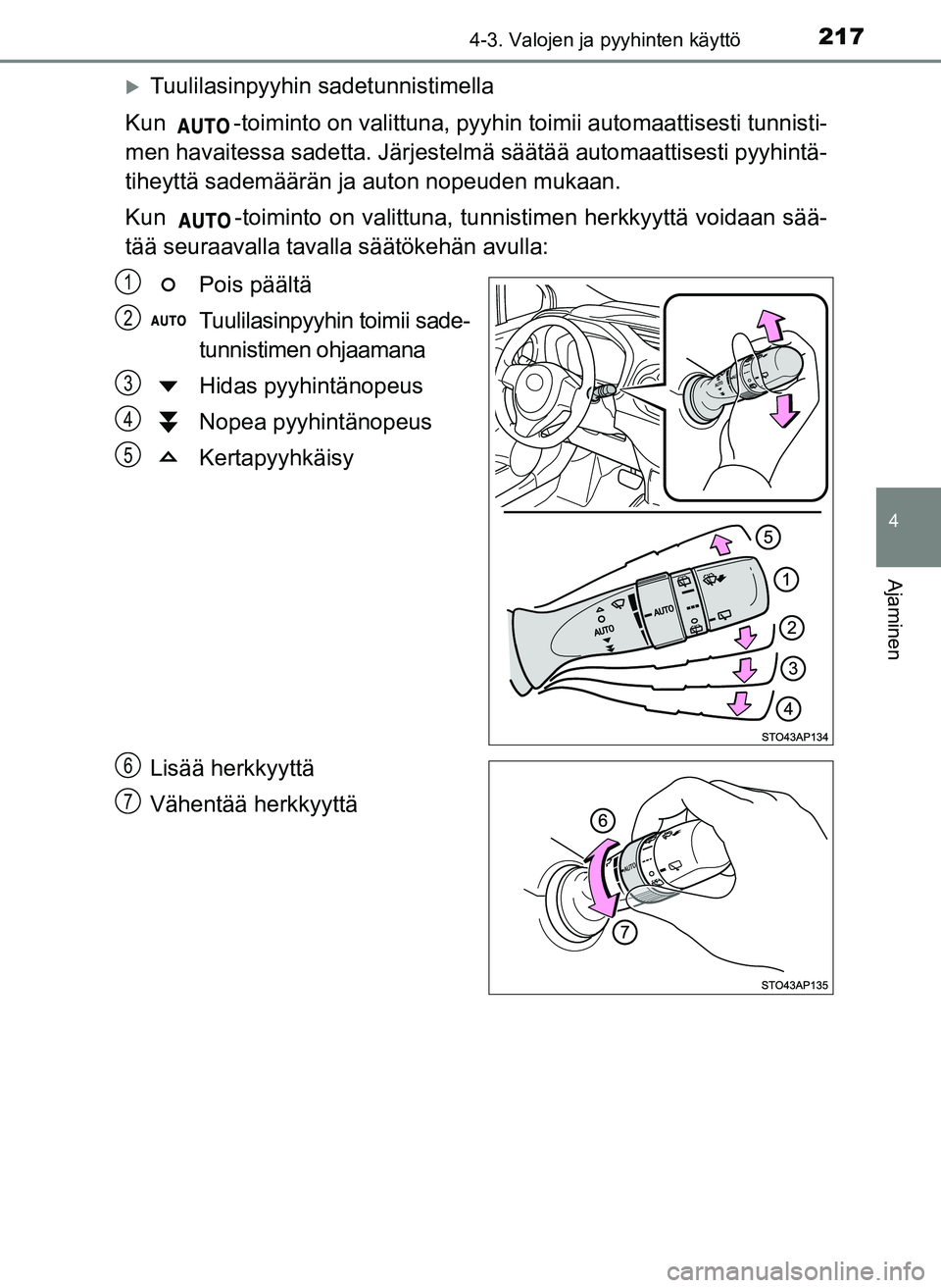 TOYOTA YARIS HATCHBACK 2018 Omistajan Käsikirja (in Finnish) 2174-3. Valojen ja pyyhinten käyttö
4
Ajaminen
YARIS_HV_OM_Europe_OM52C96FI
Tuulilasinpyyhin sadetunnistimella
Kun -toiminto on valittuna, pyyhin toimii automaattisesti tunnisti-
men havaitessa TOYOTA YARIS HATCHBACK 2018 Omistajan Käsikirja (in Finnish) 2174-3. Valojen ja pyyhinten käyttö
4
Ajaminen
YARIS_HV_OM_Europe_OM52C96FI
Tuulilasinpyyhin sadetunnistimella
Kun -toiminto on valittuna, pyyhin toimii automaattisesti tunnisti-
men havaitessa