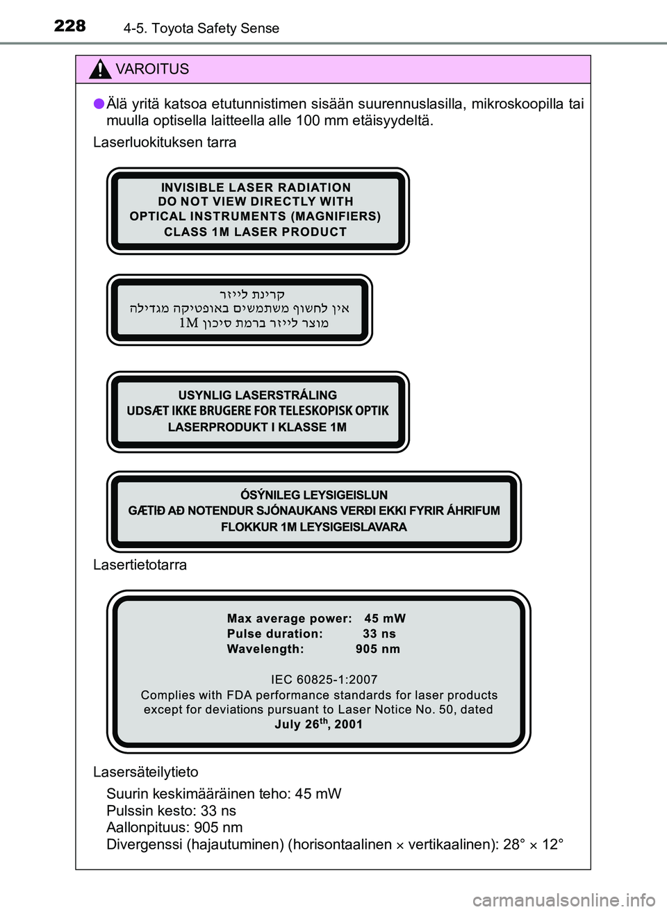 TOYOTA YARIS HATCHBACK 2018 Omistajan Käsikirja (in Finnish) 2284-5. Toyota Safety Sense
YARIS_HV_OM_Europe_OM52C96FI
VAROITUS
l Älä yritä katsoa etutunnistimen sisään suurennuslasilla, \
mikroskoopilla tai
muulla optisella laitteella alle 100 mm etäisyyd TOYOTA YARIS HATCHBACK 2018 Omistajan Käsikirja (in Finnish) 2284-5. Toyota Safety Sense
YARIS_HV_OM_Europe_OM52C96FI
VAROITUS
l Älä yritä katsoa etutunnistimen sisään suurennuslasilla, \
mikroskoopilla tai
muulla optisella laitteella alle 100 mm etäisyyd