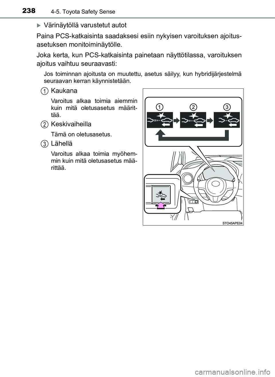 TOYOTA YARIS HATCHBACK 2018 Omistajan Käsikirja (in Finnish) 2384-5. Toyota Safety Sense
YARIS_HV_OM_Europe_OM52C96FI
Värinäytöllä varustetut autot
Paina PCS-katkaisinta saadaksesi esiin nykyisen varoituksen ajoitus-
asetuksen monitoiminäytölle.
Joka k TOYOTA YARIS HATCHBACK 2018 Omistajan Käsikirja (in Finnish) 2384-5. Toyota Safety Sense
YARIS_HV_OM_Europe_OM52C96FI
Värinäytöllä varustetut autot
Paina PCS-katkaisinta saadaksesi esiin nykyisen varoituksen ajoitus-
asetuksen monitoiminäytölle.
Joka k