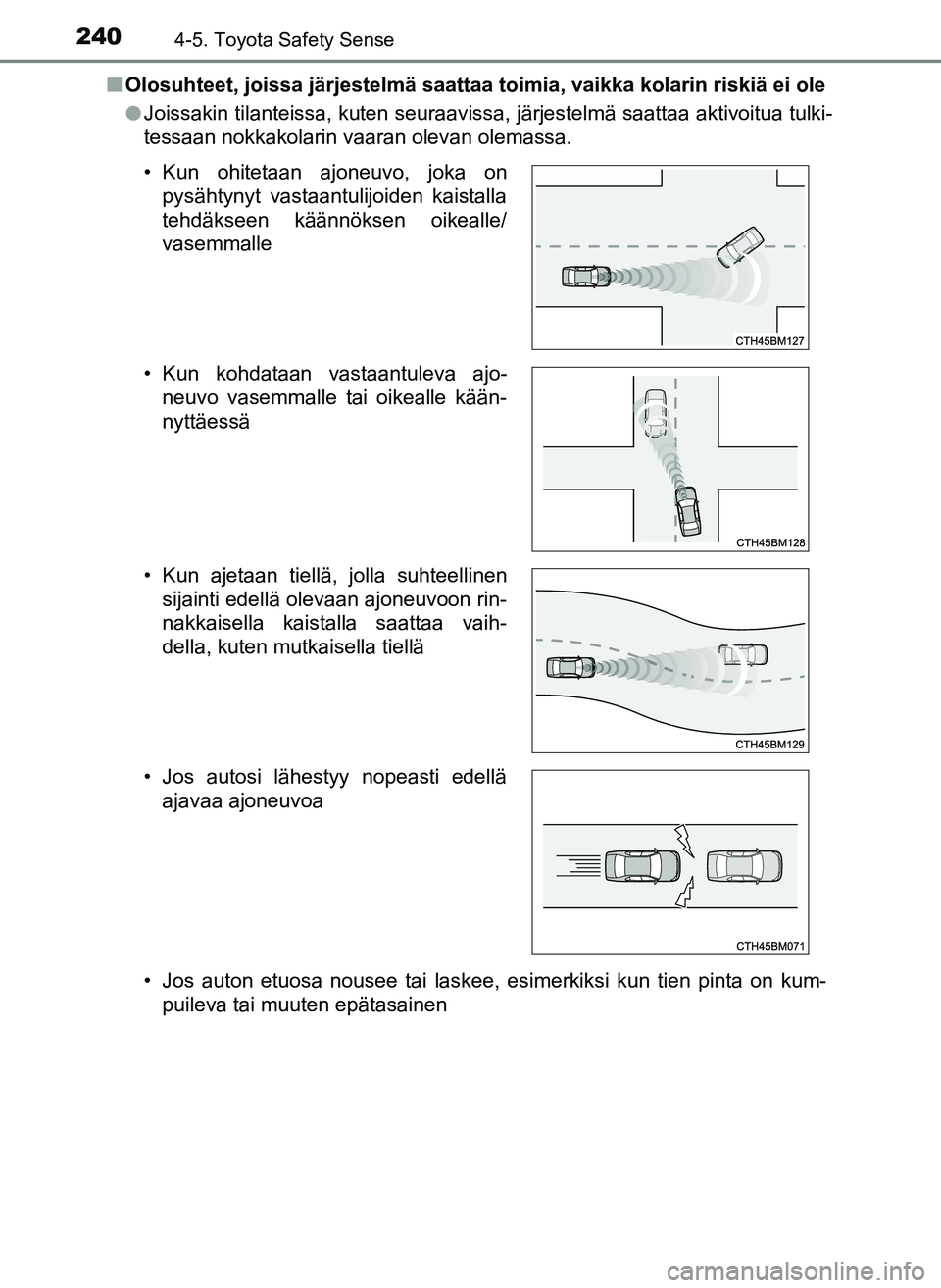 TOYOTA YARIS HATCHBACK 2018 Omistajan Käsikirja (in Finnish) 2404-5. Toyota Safety Sense
YARIS_HV_OM_Europe_OM52C96FIn
Olosuhteet, joissa järjestelmä saattaa toimia, vaikka kolarin riskiä ei ole
lJoissakin tilanteissa, kuten seuraavissa, järjestelmä saatta TOYOTA YARIS HATCHBACK 2018 Omistajan Käsikirja (in Finnish) 2404-5. Toyota Safety Sense
YARIS_HV_OM_Europe_OM52C96FIn
Olosuhteet, joissa järjestelmä saattaa toimia, vaikka kolarin riskiä ei ole
lJoissakin tilanteissa, kuten seuraavissa, järjestelmä saatta