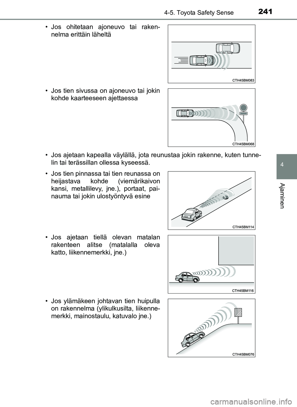 TOYOTA YARIS HATCHBACK 2018 Omistajan Käsikirja (in Finnish) 2414-5. Toyota Safety Sense
4
Ajaminen
YARIS_HV_OM_Europe_OM52C96FI• Jos ajetaan kapealla väylällä, jota reunustaa jokin rakenne, kuten tunne-
lin tai terässillan ollessa kyseessä.
• Jos ohit TOYOTA YARIS HATCHBACK 2018 Omistajan Käsikirja (in Finnish) 2414-5. Toyota Safety Sense
4
Ajaminen
YARIS_HV_OM_Europe_OM52C96FI• Jos ajetaan kapealla väylällä, jota reunustaa jokin rakenne, kuten tunne-
lin tai terässillan ollessa kyseessä.
• Jos ohit