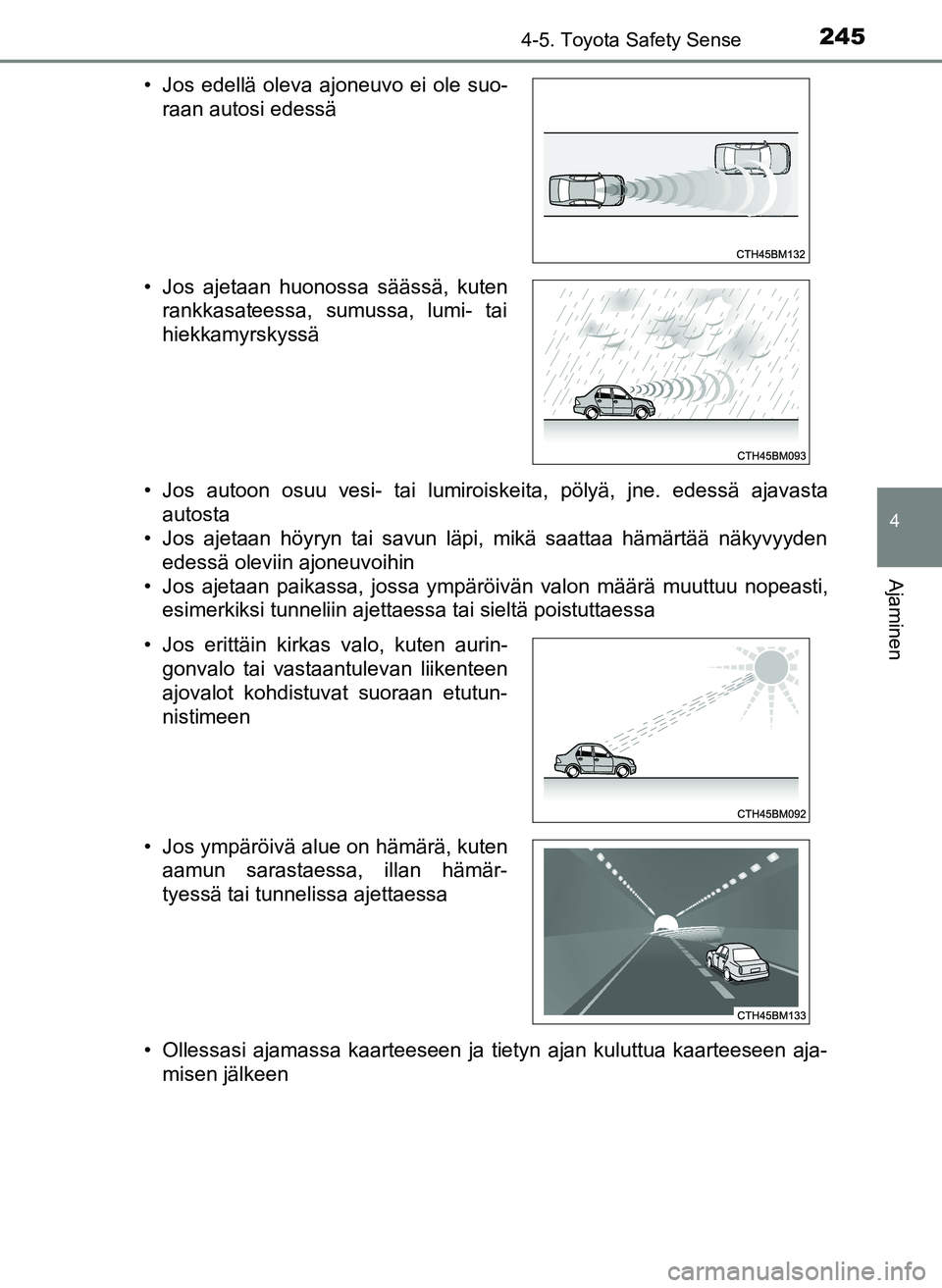 TOYOTA YARIS HATCHBACK 2018 Omistajan Käsikirja (in Finnish) 2454-5. Toyota Safety Sense
4
Ajaminen
YARIS_HV_OM_Europe_OM52C96FI• Jos autoon osuu vesi- tai lumiroiskeita, pölyä, jne. edessä ajavasta
autosta
• Jos ajetaan höyryn tai savun läpi, mikä sa TOYOTA YARIS HATCHBACK 2018 Omistajan Käsikirja (in Finnish) 2454-5. Toyota Safety Sense
4
Ajaminen
YARIS_HV_OM_Europe_OM52C96FI• Jos autoon osuu vesi- tai lumiroiskeita, pölyä, jne. edessä ajavasta
autosta
• Jos ajetaan höyryn tai savun läpi, mikä sa
