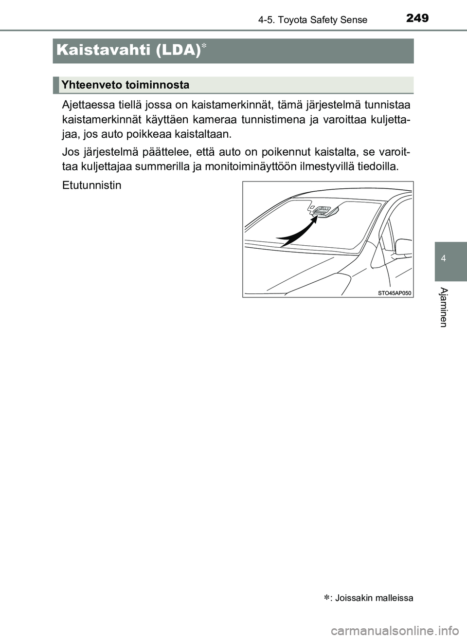 TOYOTA YARIS HATCHBACK 2018 Omistajan Käsikirja (in Finnish) 249
4
4-5. Toyota Safety Sense
Ajaminen
YARIS_HV_OM_Europe_OM52C96FI
Kaistavahti (LDA)
Ajettaessa tiellä jossa on kaistamerkinnät, tämä järjestelmä tunnistaa
kaistamerkinnät käyttäen kamer TOYOTA YARIS HATCHBACK 2018 Omistajan Käsikirja (in Finnish) 249
4
4-5. Toyota Safety Sense
Ajaminen
YARIS_HV_OM_Europe_OM52C96FI
Kaistavahti (LDA)
Ajettaessa tiellä jossa on kaistamerkinnät, tämä järjestelmä tunnistaa
kaistamerkinnät käyttäen kamer