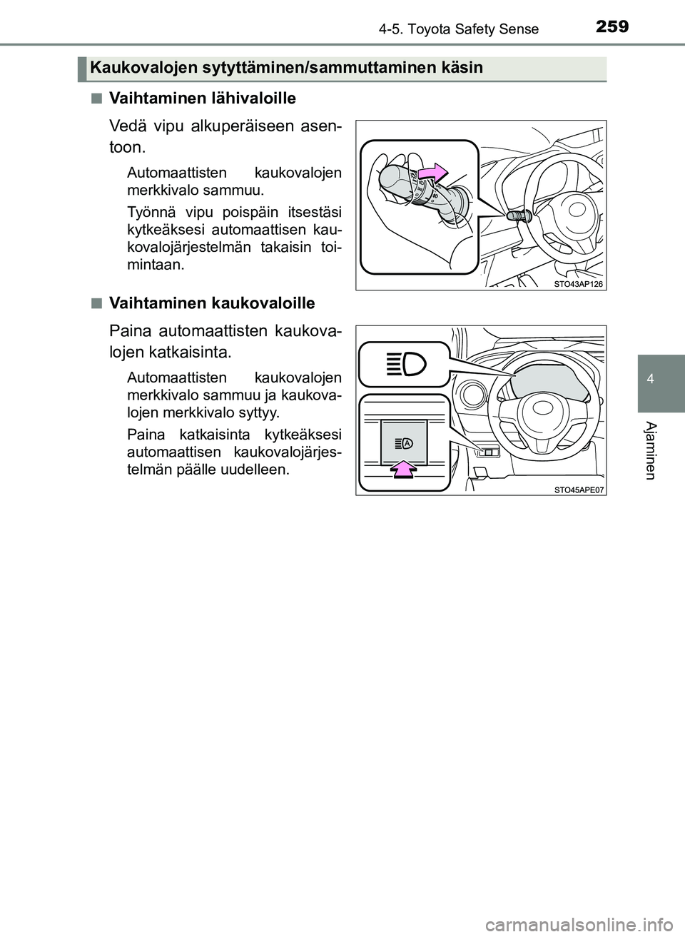 TOYOTA YARIS HATCHBACK 2018 Omistajan Käsikirja (in Finnish) 2594-5. Toyota Safety Sense
4
Ajaminen
YARIS_HV_OM_Europe_OM52C96FIn
Vaihtaminen lähivaloille
Vedä vipu alkuperäiseen asen-
toon.
Automaattisten kaukovalojen
merkkivalo sammuu.
Työnnä vipu poisp TOYOTA YARIS HATCHBACK 2018 Omistajan Käsikirja (in Finnish) 2594-5. Toyota Safety Sense
4
Ajaminen
YARIS_HV_OM_Europe_OM52C96FIn
Vaihtaminen lähivaloille
Vedä vipu alkuperäiseen asen-
toon.
Automaattisten kaukovalojen
merkkivalo sammuu.
Työnnä vipu poisp