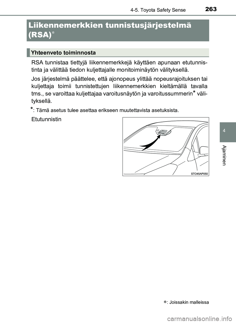 TOYOTA YARIS HATCHBACK 2018 Omistajan Käsikirja (in Finnish) 263
4
4-5. Toyota Safety Sense
Ajaminen
YARIS_HV_OM_Europe_OM52C96FI
Liikennemerkkien tunnistusjärjestelmä
(RSA)

RSA tunnistaa tiettyjä liikennemerkkejä käyttäen apunaan etutunnis-
tinta ja TOYOTA YARIS HATCHBACK 2018 Omistajan Käsikirja (in Finnish) 263
4
4-5. Toyota Safety Sense
Ajaminen
YARIS_HV_OM_Europe_OM52C96FI
Liikennemerkkien tunnistusjärjestelmä
(RSA)

RSA tunnistaa tiettyjä liikennemerkkejä käyttäen apunaan etutunnis-
tinta ja