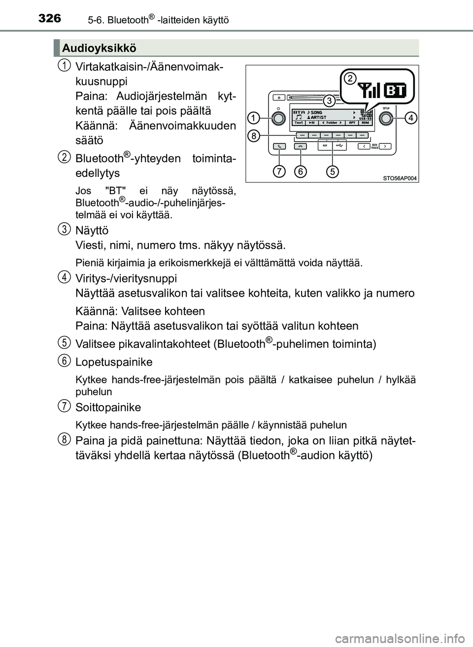 TOYOTA YARIS HATCHBACK 2018 Omistajan Käsikirja (in Finnish) 3265-6. Bluetooth® -laitteiden käyttö
YARIS_HV_OM_Europe_OM52C96FI
Virtakatkaisin-/Äänenvoimak-
kuusnuppi
Paina: Audiojärjestelmän kyt-
kentä päälle tai pois päältä
Käännä: Äänenvoi TOYOTA YARIS HATCHBACK 2018 Omistajan Käsikirja (in Finnish) 3265-6. Bluetooth® -laitteiden käyttö
YARIS_HV_OM_Europe_OM52C96FI
Virtakatkaisin-/Äänenvoimak-
kuusnuppi
Paina: Audiojärjestelmän kyt-
kentä päälle tai pois päältä
Käännä: Äänenvoi