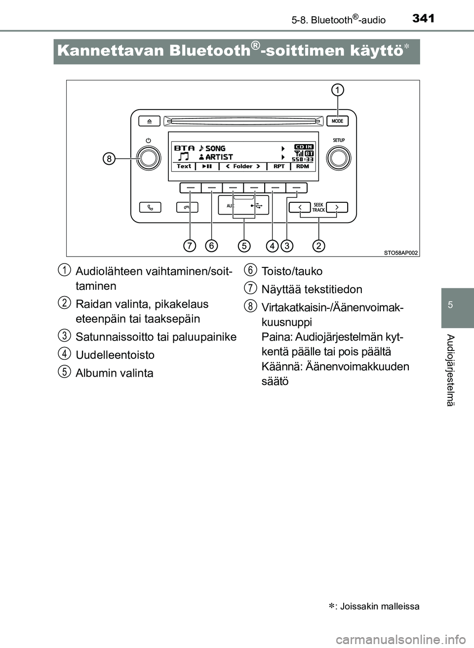 TOYOTA YARIS HATCHBACK 2018 Omistajan Käsikirja (in Finnish) 3415-8. Bluetooth®-audio
5
Audiojärjestelmä
YARIS_HV_OM_Europe_OM52C96FI
Kannettavan Bluetooth®-soittimen käyttö
: Joissakin malleissa
Audiolähteen vaihtaminen/soit-
taminen
Raidan valint TOYOTA YARIS HATCHBACK 2018 Omistajan Käsikirja (in Finnish) 3415-8. Bluetooth®-audio
5
Audiojärjestelmä
YARIS_HV_OM_Europe_OM52C96FI
Kannettavan Bluetooth®-soittimen käyttö
: Joissakin malleissa
Audiolähteen vaihtaminen/soit-
taminen
Raidan valint
