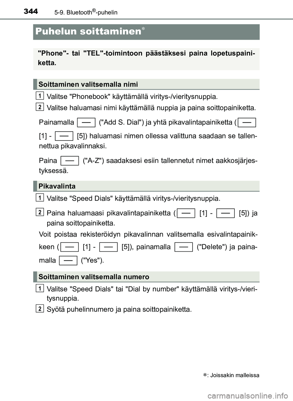 TOYOTA YARIS HATCHBACK 2018 Omistajan Käsikirja (in Finnish) 3445-9. Bluetooth®-puhelin
YARIS_HV_OM_Europe_OM52C96FI
Puhelun soittaminen
Valitse "Phonebook" käyttämällä viritys-/vieritysnuppia.
Valitse haluamasi nimi käyttämällä nuppia ja paina soit TOYOTA YARIS HATCHBACK 2018 Omistajan Käsikirja (in Finnish) 3445-9. Bluetooth®-puhelin
YARIS_HV_OM_Europe_OM52C96FI
Puhelun soittaminen
Valitse "Phonebook" käyttämällä viritys-/vieritysnuppia.
Valitse haluamasi nimi käyttämällä nuppia ja paina soit