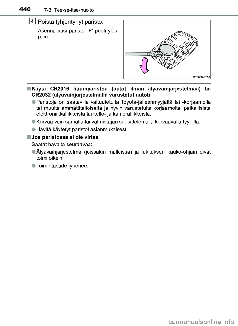 TOYOTA YARIS HATCHBACK 2018 Omistajan Käsikirja (in Finnish) 4407-3. Tee-se-itse-huolto
YARIS_HV_OM_Europe_OM52C96FI
Poista tyhjentynyt paristo.
Asenna uusi paristo "+"-puoli ylös-
päin.
nKäytä CR2016 litiumparistoa (autot ilman älyavainjärjestelmää) ta TOYOTA YARIS HATCHBACK 2018 Omistajan Käsikirja (in Finnish) 4407-3. Tee-se-itse-huolto
YARIS_HV_OM_Europe_OM52C96FI
Poista tyhjentynyt paristo.
Asenna uusi paristo "+"-puoli ylös-
päin.
nKäytä CR2016 litiumparistoa (autot ilman älyavainjärjestelmää) ta