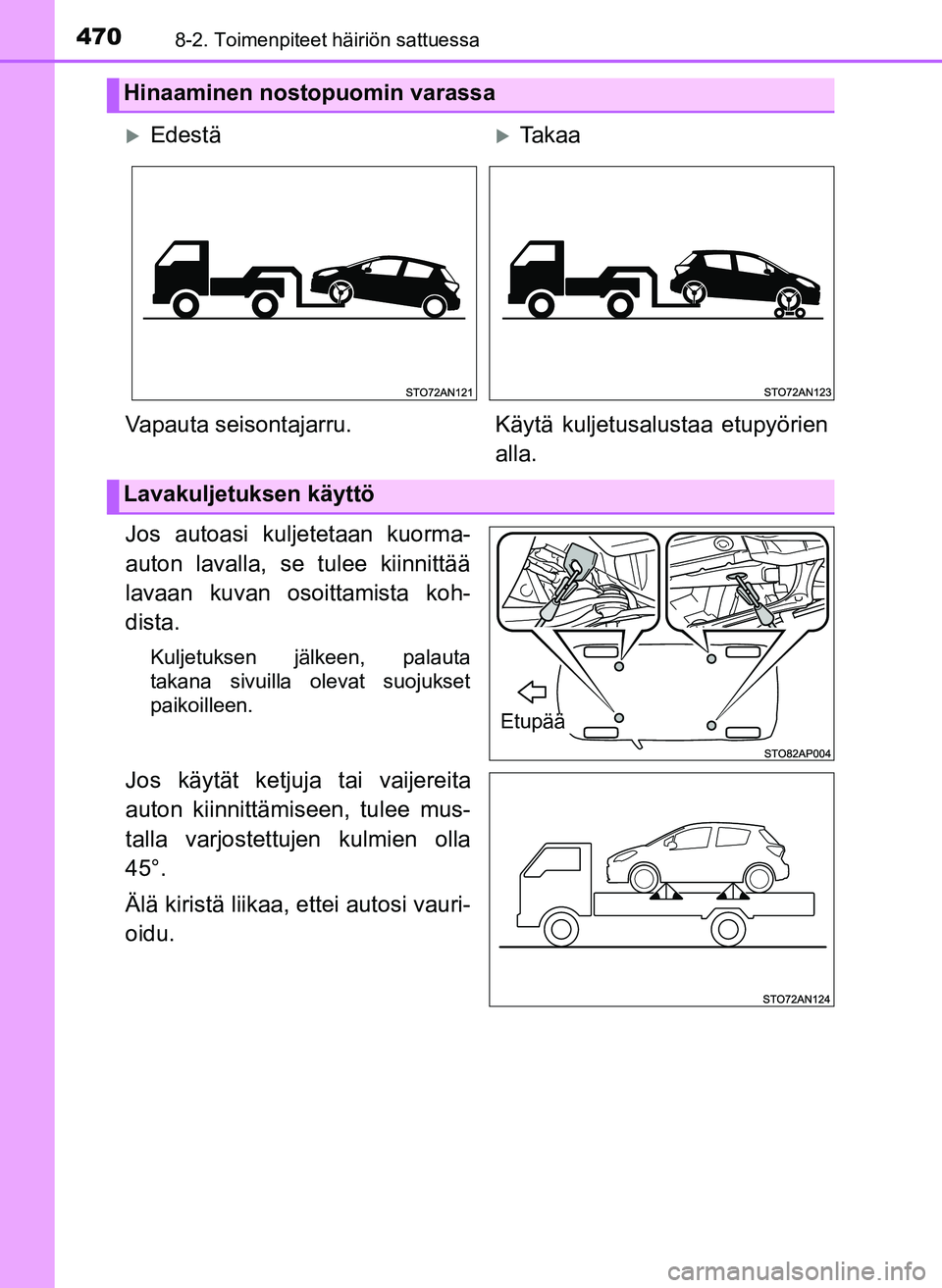 TOYOTA YARIS HATCHBACK 2018 Omistajan Käsikirja (in Finnish) 4708-2. Toimenpiteet häiriön sattuessa
YARIS_HV_OM_Europe_OM52C96FI
Jos autoasi kuljetetaan kuorma-
auton lavalla, se tulee kiinnittää
lavaan kuvan osoittamista koh-
dista.
Kuljetuksen jälkeen, p TOYOTA YARIS HATCHBACK 2018 Omistajan Käsikirja (in Finnish) 4708-2. Toimenpiteet häiriön sattuessa
YARIS_HV_OM_Europe_OM52C96FI
Jos autoasi kuljetetaan kuorma-
auton lavalla, se tulee kiinnittää
lavaan kuvan osoittamista koh-
dista.
Kuljetuksen jälkeen, p