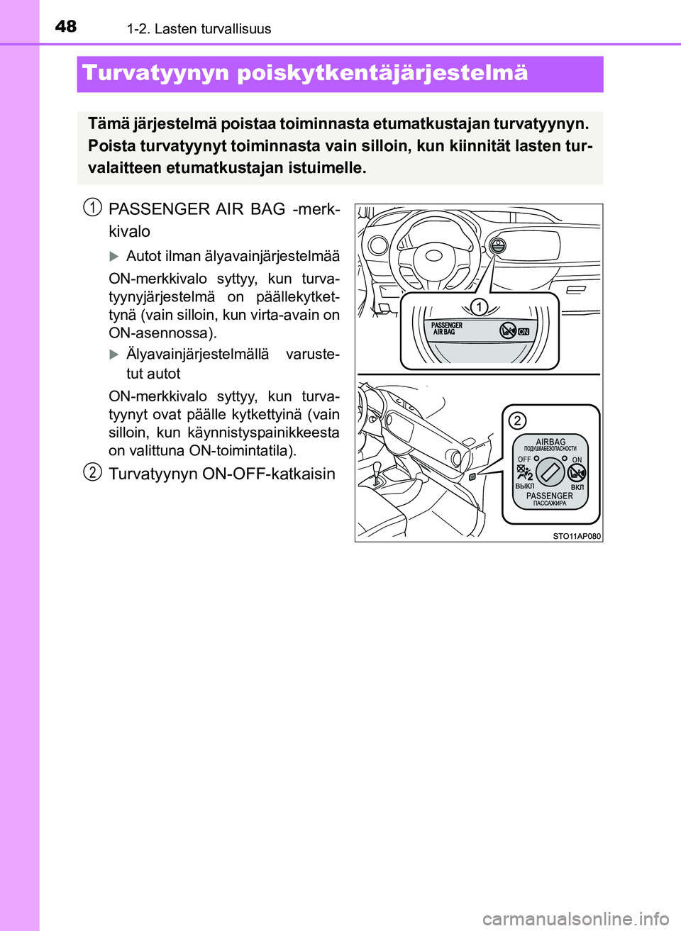 TOYOTA YARIS HATCHBACK 2018 Omistajan Käsikirja (in Finnish) 481-2. Lasten turvallisuus
YARIS_HV_OM_Europe_OM52C96FI
Turvatyynyn poiskytkentäjärjestelmä
PASSENGER AIR BAG -merk-
kivalo
Autot ilman älyavainjärjestelmää
ON-merkkivalo syttyy, kun turva-
TOYOTA YARIS HATCHBACK 2018 Omistajan Käsikirja (in Finnish) 481-2. Lasten turvallisuus
YARIS_HV_OM_Europe_OM52C96FI
Turvatyynyn poiskytkentäjärjestelmä
PASSENGER AIR BAG -merk-
kivalo
Autot ilman älyavainjärjestelmää
ON-merkkivalo syttyy, kun turva-