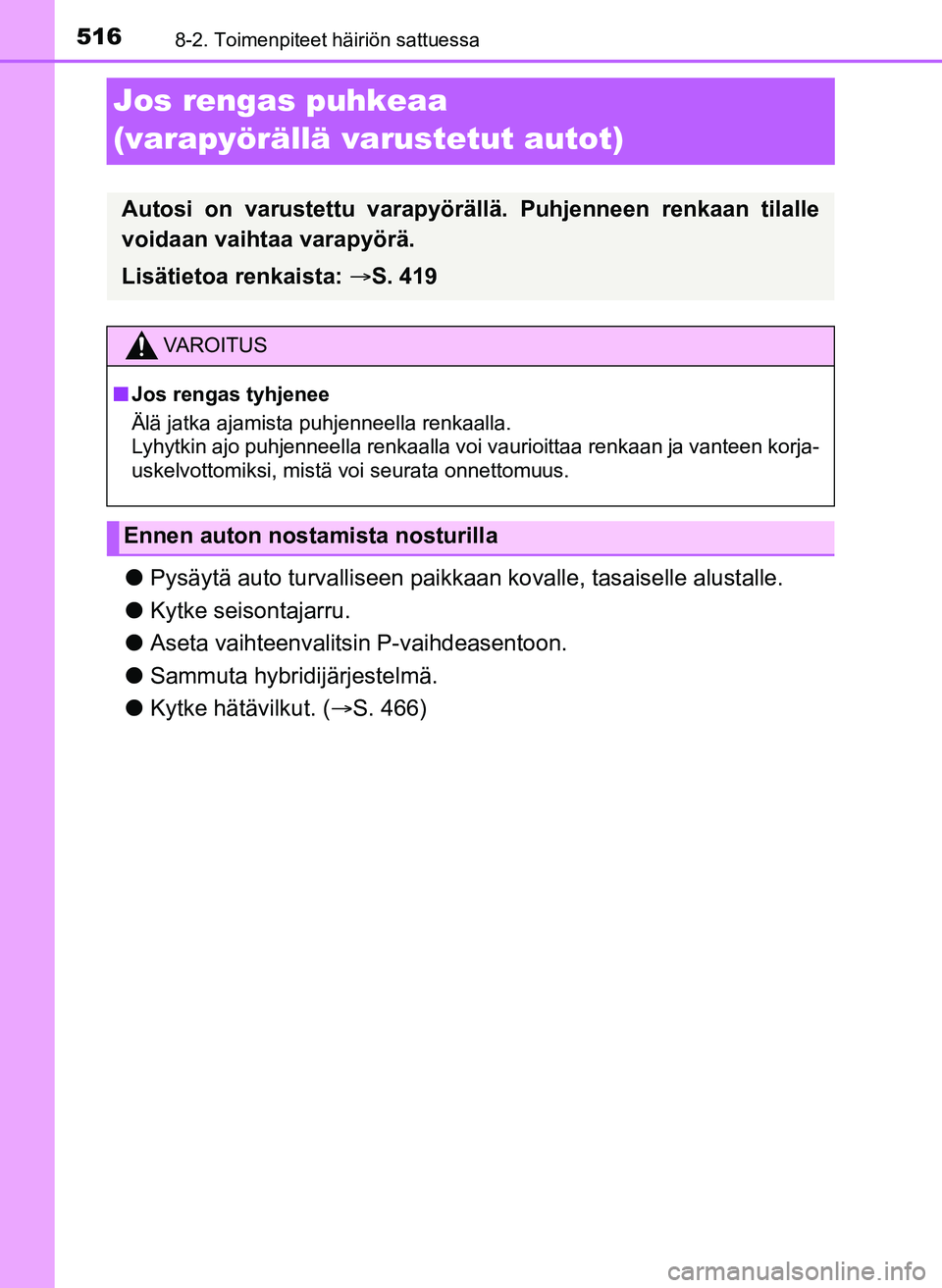 TOYOTA YARIS HATCHBACK 2018 Omistajan Käsikirja (in Finnish) 5168-2. Toimenpiteet häiriön sattuessa
YARIS_HV_OM_Europe_OM52C96FI
Jos rengas puhkeaa
(varapyörällä varustetut autot)
lPysäytä auto turvalliseen paikkaa n kovalle, tasaiselle alustalle.
l Kyt TOYOTA YARIS HATCHBACK 2018 Omistajan Käsikirja (in Finnish) 5168-2. Toimenpiteet häiriön sattuessa
YARIS_HV_OM_Europe_OM52C96FI
Jos rengas puhkeaa
(varapyörällä varustetut autot)
lPysäytä auto turvalliseen paikkaa n kovalle, tasaiselle alustalle.
l Kyt