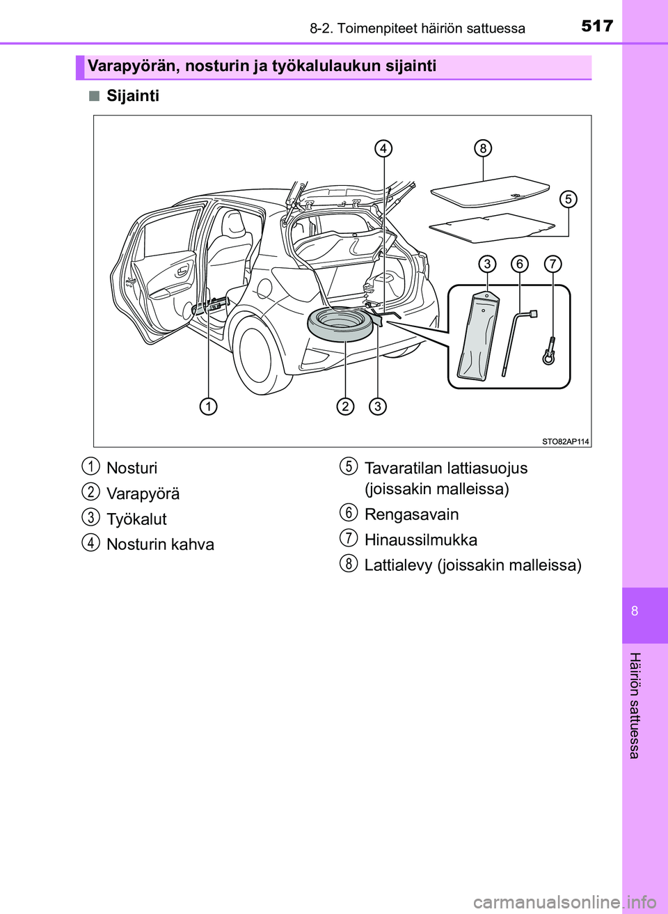 TOYOTA YARIS HATCHBACK 2018 Omistajan Käsikirja (in Finnish) 5178-2. Toimenpiteet häiriön sattuessa
8
Häiriön sattuessa
YARIS_HV_OM_Europe_OM52C96FIn
Sijainti
Varapyörän, nosturin ja työkalulaukun sijainti
Nosturi
Varapyörä
Työkalut
Nosturin kahva
Tav TOYOTA YARIS HATCHBACK 2018 Omistajan Käsikirja (in Finnish) 5178-2. Toimenpiteet häiriön sattuessa
8
Häiriön sattuessa
YARIS_HV_OM_Europe_OM52C96FIn
Sijainti
Varapyörän, nosturin ja työkalulaukun sijainti
Nosturi
Varapyörä
Työkalut
Nosturin kahva
Tav
