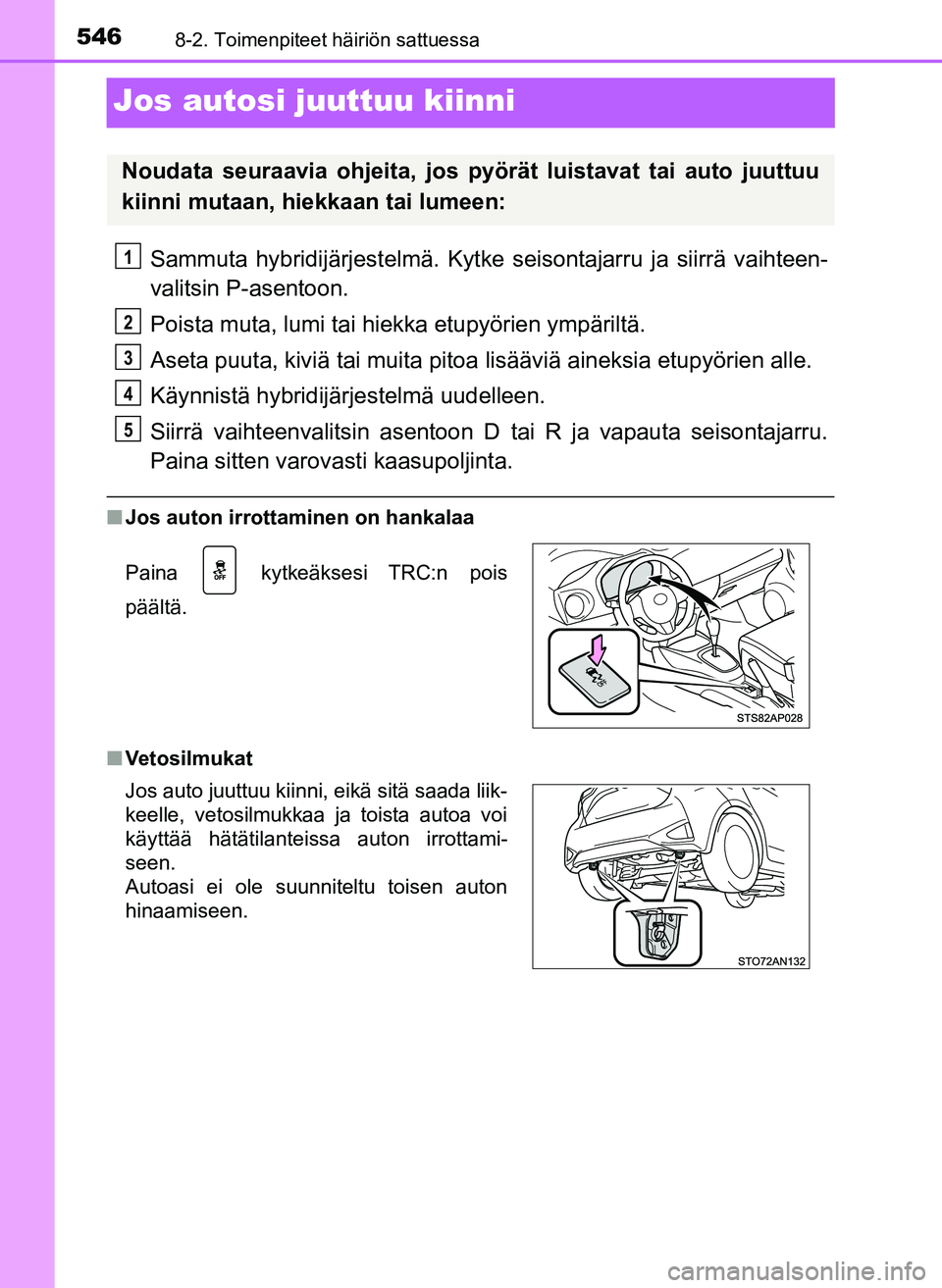 TOYOTA YARIS HATCHBACK 2018 Omistajan Käsikirja (in Finnish) 5468-2. Toimenpiteet häiriön sattuessa
YARIS_HV_OM_Europe_OM52C96FI
Jos autosi juuttuu kiinni
Sammuta hybridijärjestelmä. Kytke seisontajarru ja siirrä vaihteen-
valitsin P-asentoon.
Poista muta, TOYOTA YARIS HATCHBACK 2018 Omistajan Käsikirja (in Finnish) 5468-2. Toimenpiteet häiriön sattuessa
YARIS_HV_OM_Europe_OM52C96FI
Jos autosi juuttuu kiinni
Sammuta hybridijärjestelmä. Kytke seisontajarru ja siirrä vaihteen-
valitsin P-asentoon.
Poista muta,