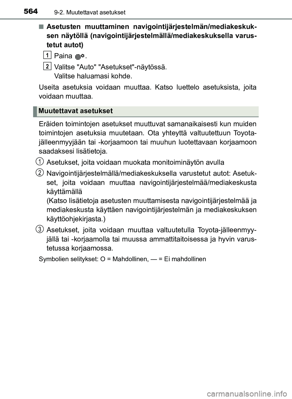 TOYOTA YARIS HATCHBACK 2018 Omistajan Käsikirja (in Finnish) 5649-2. Muutettavat asetukset
YARIS_HV_OM_Europe_OM52C96FIn
Asetusten muuttaminen navigointijärjestelmän/mediakeskuk-
sen näytöllä (navigointijärjestelmällä/mediakeskuksella varus-
tetut autot TOYOTA YARIS HATCHBACK 2018 Omistajan Käsikirja (in Finnish) 5649-2. Muutettavat asetukset
YARIS_HV_OM_Europe_OM52C96FIn
Asetusten muuttaminen navigointijärjestelmän/mediakeskuk-
sen näytöllä (navigointijärjestelmällä/mediakeskuksella varus-
tetut autot