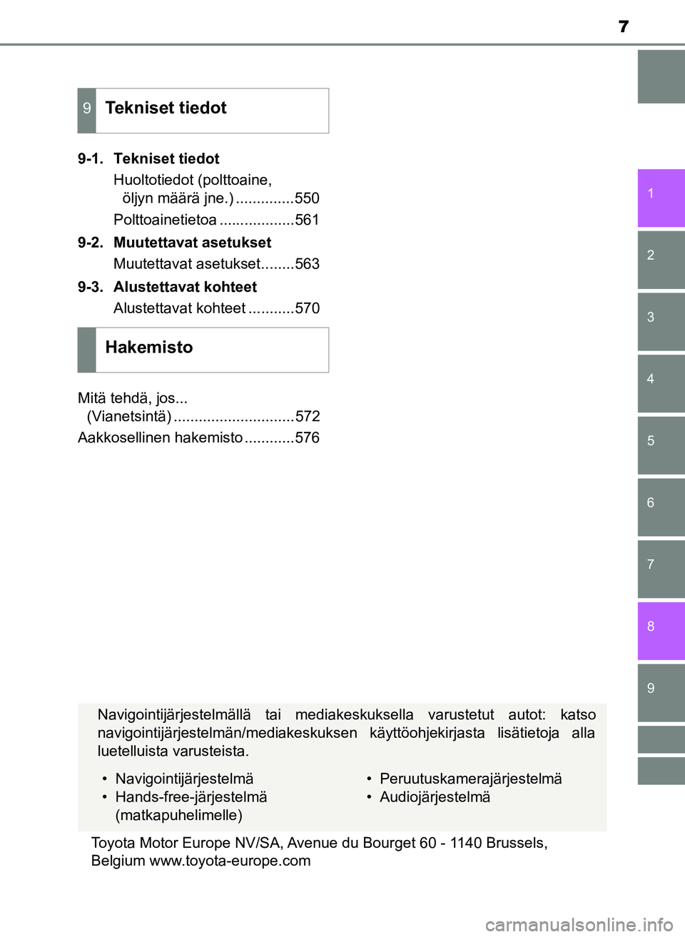 TOYOTA YARIS HATCHBACK 2018 Omistajan Käsikirja (in Finnish) 7
1
7
8 6 5
4
3
2
9
YARIS_HV_OM_Europe_OM52C96FI9-1. Tekniset tiedot
Huoltotiedot (polttoaine, öljyn määrä jne.) ..............550
Polttoainetietoa ..................561
9-2. Muutettavat asetukset TOYOTA YARIS HATCHBACK 2018 Omistajan Käsikirja (in Finnish) 7
1
7
8 6 5
4
3
2
9
YARIS_HV_OM_Europe_OM52C96FI9-1. Tekniset tiedot
Huoltotiedot (polttoaine, öljyn määrä jne.) ..............550
Polttoainetietoa ..................561
9-2. Muutettavat asetukset