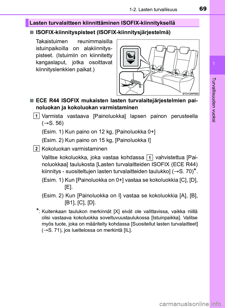 TOYOTA YARIS HATCHBACK 2018 Omistajan Käsikirja (in Finnish) 691-2. Lasten turvallisuus
1
Turvallisuuden vuoksi
YARIS_HV_OM_Europe_OM52C96FIn
ISOFIX-kiinnityspisteet (ISOFIX-kiinnitysjärjestelmä)
Takaistuimen reunimmaisilla
istuinpaikoilla on alakiinnitys-
pi TOYOTA YARIS HATCHBACK 2018 Omistajan Käsikirja (in Finnish) 691-2. Lasten turvallisuus
1
Turvallisuuden vuoksi
YARIS_HV_OM_Europe_OM52C96FIn
ISOFIX-kiinnityspisteet (ISOFIX-kiinnitysjärjestelmä)
Takaistuimen reunimmaisilla
istuinpaikoilla on alakiinnitys-
pi
