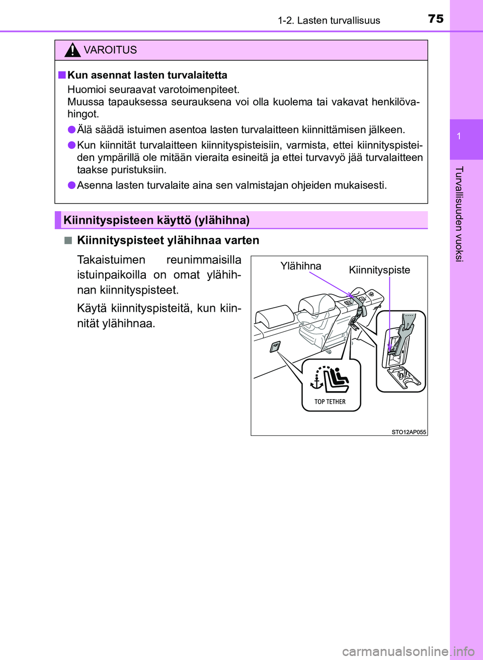 TOYOTA YARIS HATCHBACK 2018 Omistajan Käsikirja (in Finnish) 751-2. Lasten turvallisuus
1
Turvallisuuden vuoksi
YARIS_HV_OM_Europe_OM52C96FIn
Kiinnityspisteet ylähihnaa varten
Takaistuimen reunimmaisilla
istuinpaikoilla on omat ylähih-
nan kiinnityspisteet.
K TOYOTA YARIS HATCHBACK 2018 Omistajan Käsikirja (in Finnish) 751-2. Lasten turvallisuus
1
Turvallisuuden vuoksi
YARIS_HV_OM_Europe_OM52C96FIn
Kiinnityspisteet ylähihnaa varten
Takaistuimen reunimmaisilla
istuinpaikoilla on omat ylähih-
nan kiinnityspisteet.
K