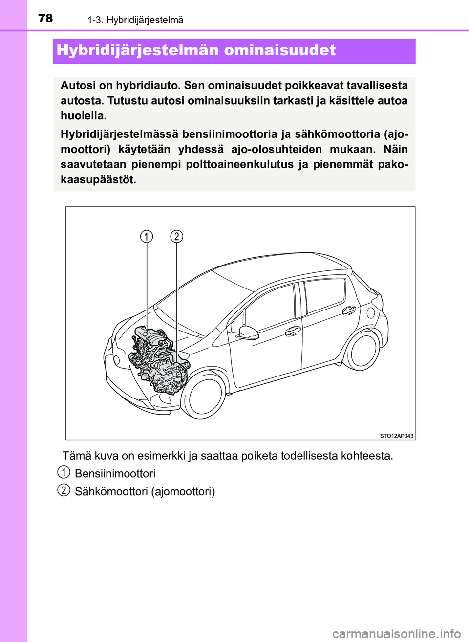 TOYOTA YARIS HATCHBACK 2018 Omistajan Käsikirja (in Finnish) 781-3. Hybridijärjestelmä
YARIS_HV_OM_Europe_OM52C96FI
Hybridijärjestelmän ominaisuudet
Tämä kuva on esimerkki ja saattaa poiketa todellisesta kohteesta.Bensiinimoottori
Sähkömoottori (ajomoot TOYOTA YARIS HATCHBACK 2018 Omistajan Käsikirja (in Finnish) 781-3. Hybridijärjestelmä
YARIS_HV_OM_Europe_OM52C96FI
Hybridijärjestelmän ominaisuudet
Tämä kuva on esimerkki ja saattaa poiketa todellisesta kohteesta.Bensiinimoottori
Sähkömoottori (ajomoot