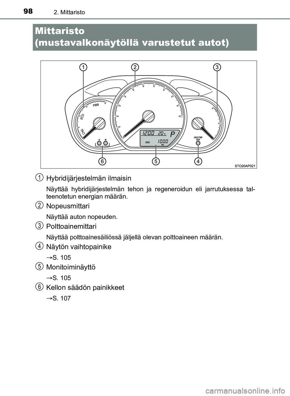 TOYOTA YARIS HATCHBACK 2018 Omistajan Käsikirja (in Finnish) 982. Mittaristo
YARIS_HV_OM_Europe_OM52C96FI
Mittaristo
(mustavalkonäytöllä varustetut autot)
Hybridijärjestelmän ilmaisin
Näyttää hybridijärjestelmän tehon ja regeneroidun eli jarrutuksess TOYOTA YARIS HATCHBACK 2018 Omistajan Käsikirja (in Finnish) 982. Mittaristo
YARIS_HV_OM_Europe_OM52C96FI
Mittaristo
(mustavalkonäytöllä varustetut autot)
Hybridijärjestelmän ilmaisin
Näyttää hybridijärjestelmän tehon ja regeneroidun eli jarrutuksess
