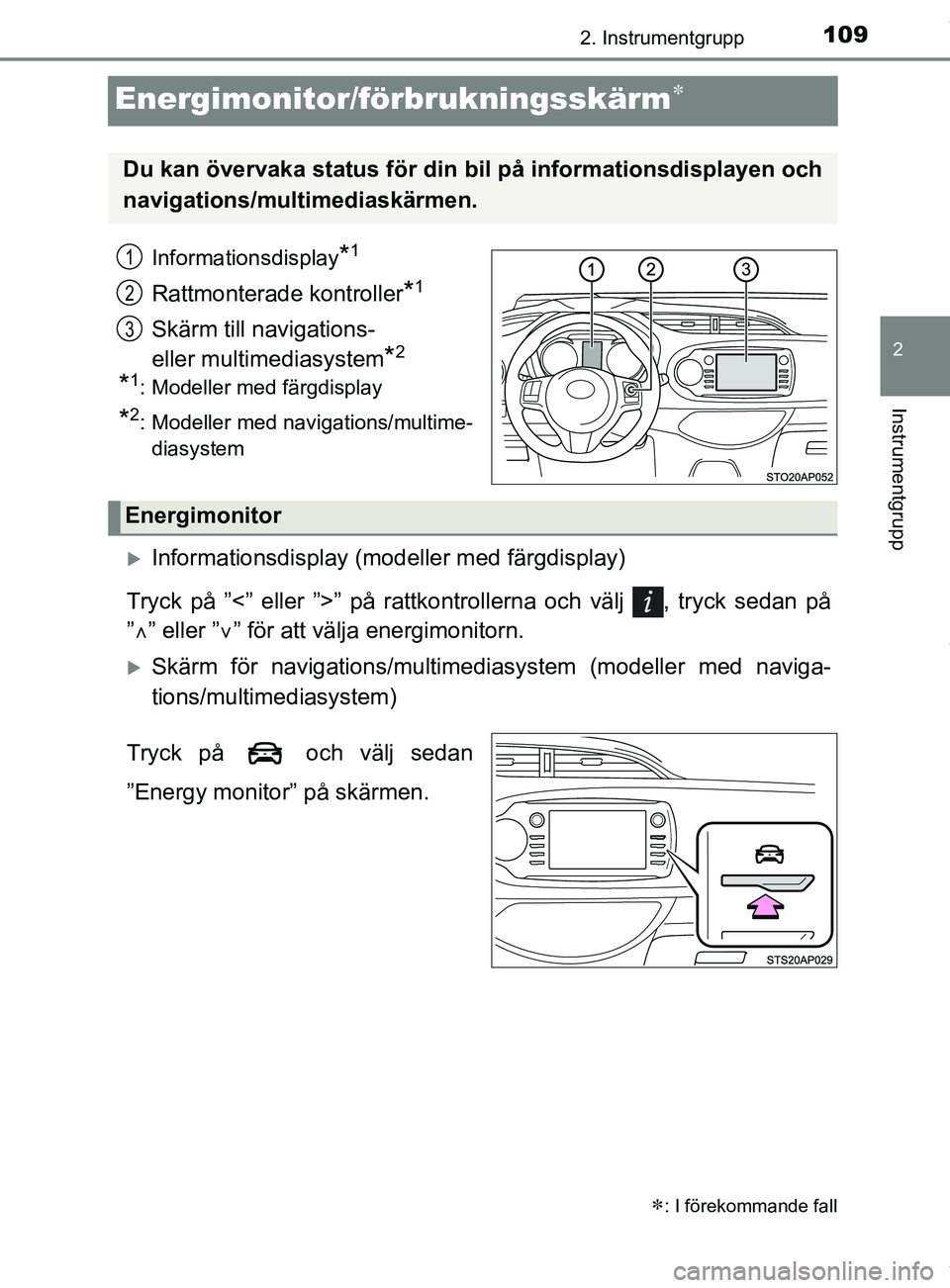 TOYOTA YARIS HATCHBACK 2018  Bruksanvisningar (in Swedish) 109
2
2. Instrumentgrupp
Instrumentgrupp
YARIS_HV_OM_Europe_OM52C96SE
Energimonitor/förbrukningsskärm
Informationsdisplay*1
Rattmonterade kontroller*1
Skärm till navigations- 
eller multimediasy