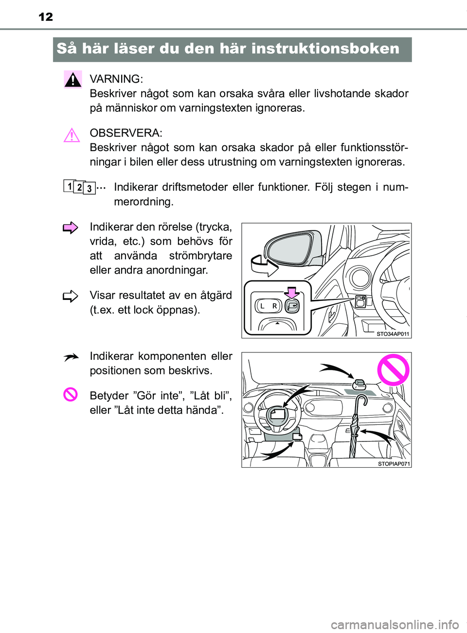 TOYOTA YARIS HATCHBACK 2018 Bruksanvisningar (in Swedish) 12
YARIS_HV_OM_Europe_OM52C96SE
Så här läser du den här instruktionsboken
VARNING:
Beskriver något som kan orsaka svåra eller livshotande skador
på människor om varningstexten ignoreras.
OBSE TOYOTA YARIS HATCHBACK 2018 Bruksanvisningar (in Swedish) 12
YARIS_HV_OM_Europe_OM52C96SE
Så här läser du den här instruktionsboken
VARNING:
Beskriver något som kan orsaka svåra eller livshotande skador
på människor om varningstexten ignoreras.
OBSE
